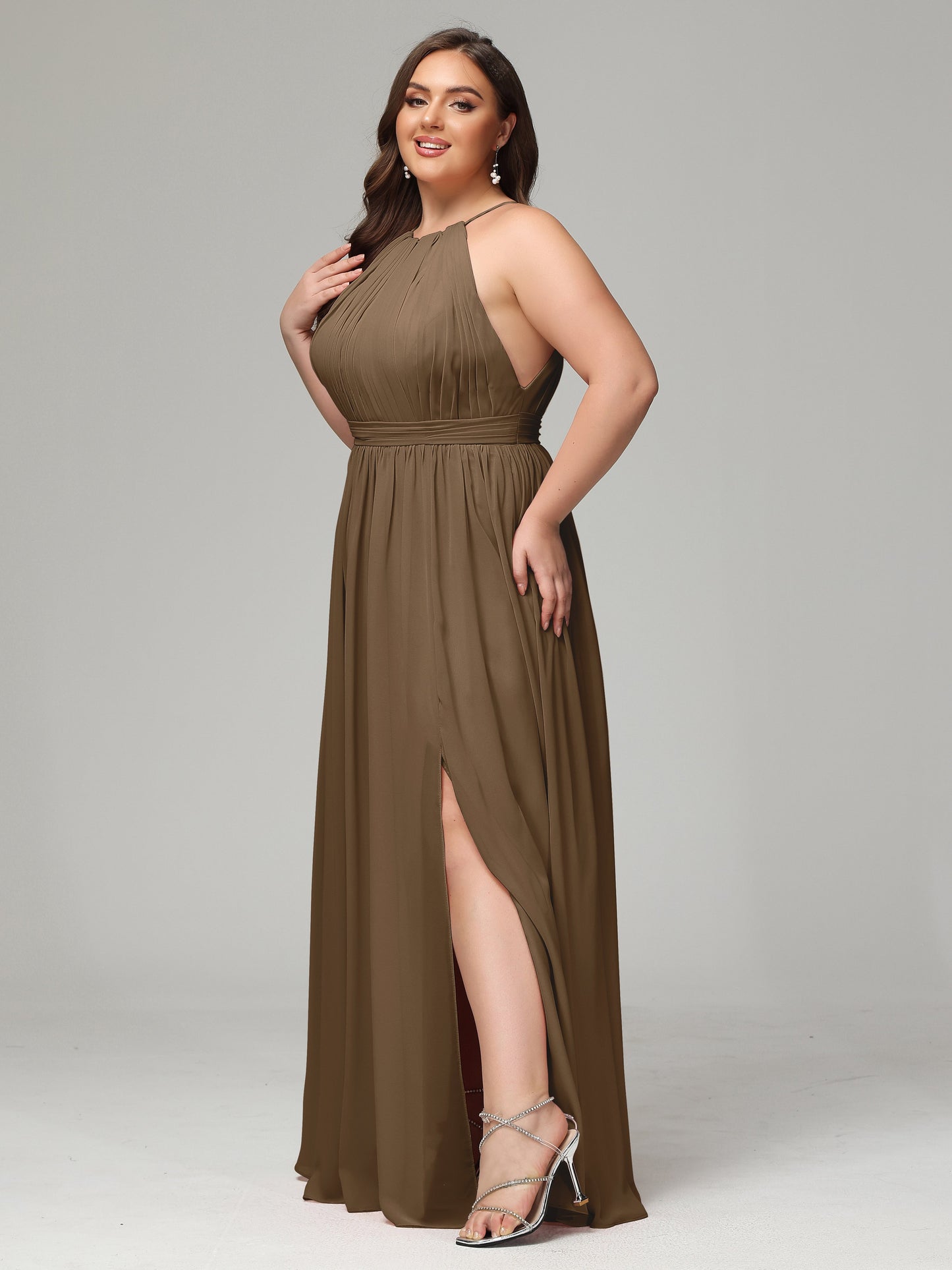 Floor Length Halter Plus Size Split Chiffon Bridesmaid Dresses