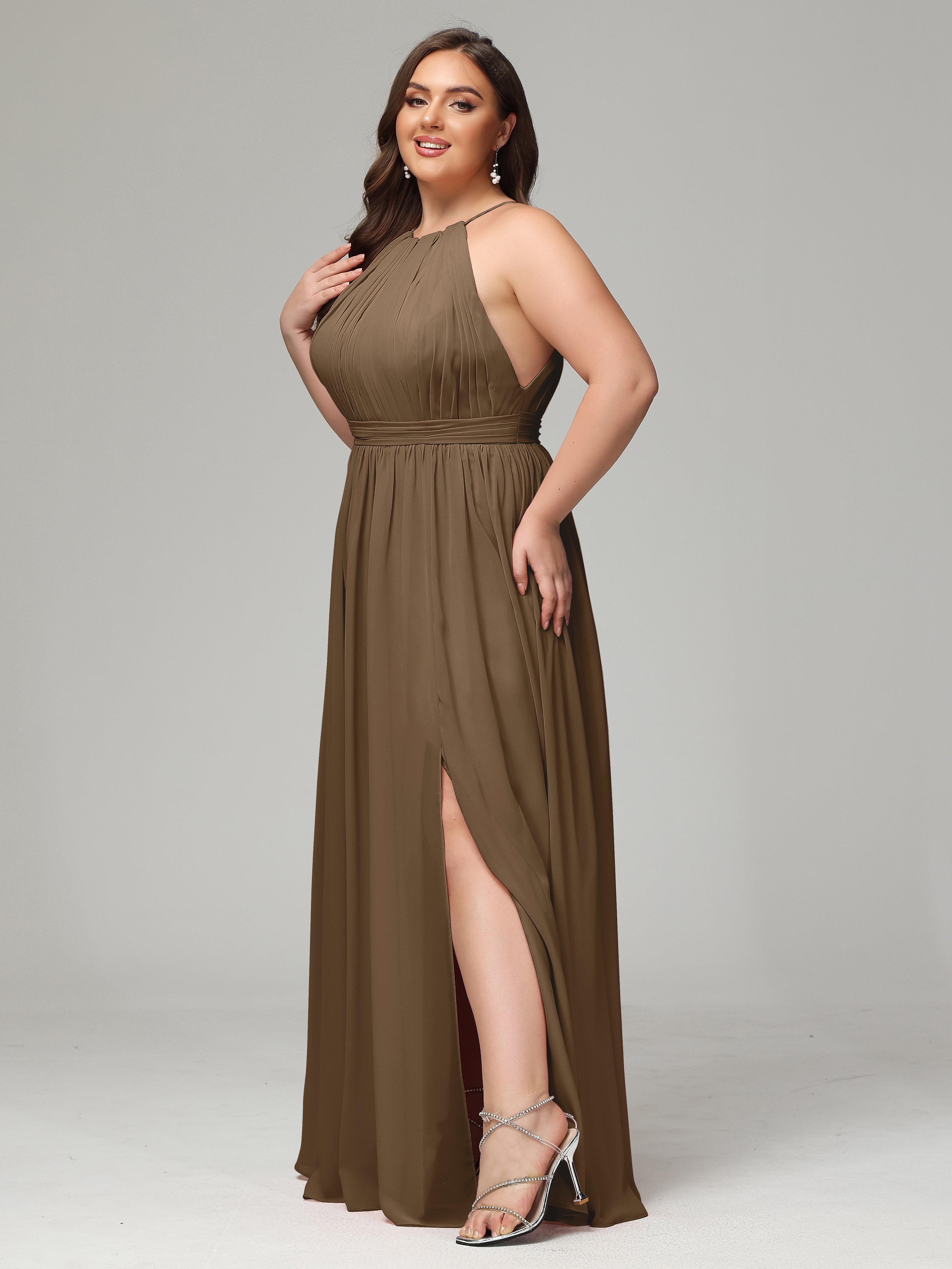 Floor Length Halter Plus Size Split Chiffon Bridesmaid Dresses