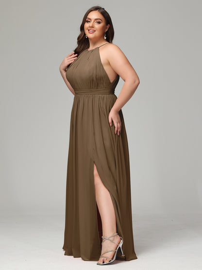 Floor Length Halter Plus Size Split Chiffon Bridesmaid Dresses