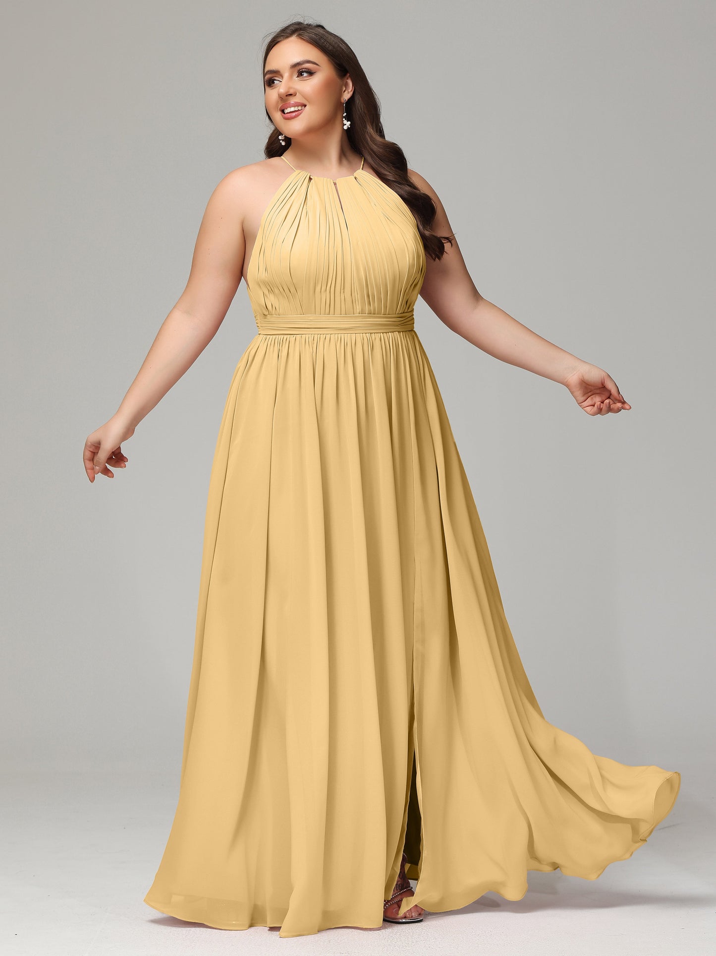 Floor Length Halter Plus Size Split Chiffon Bridesmaid Dresses