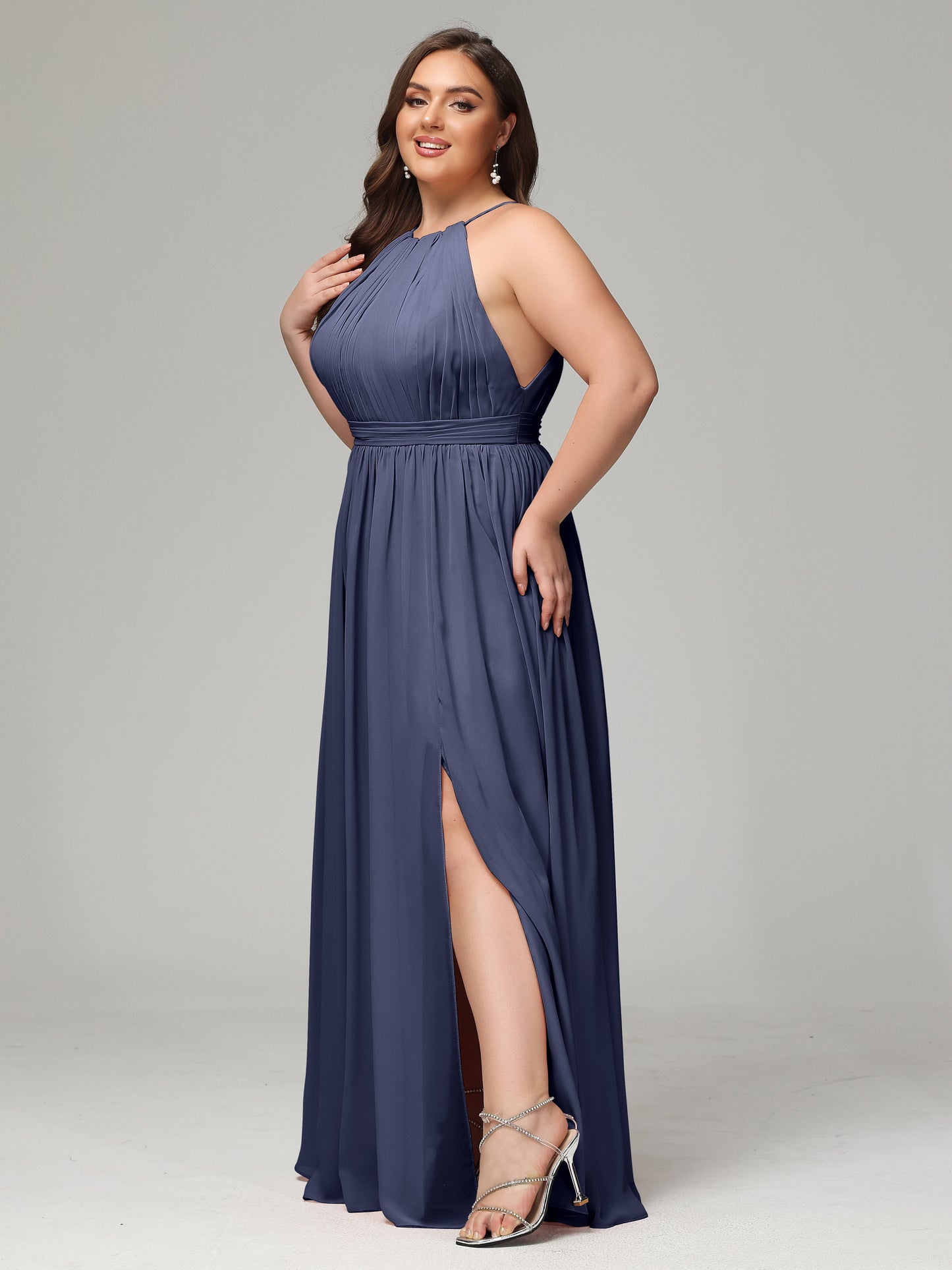 Floor Length Halter Plus Size Split Chiffon Bridesmaid Dresses