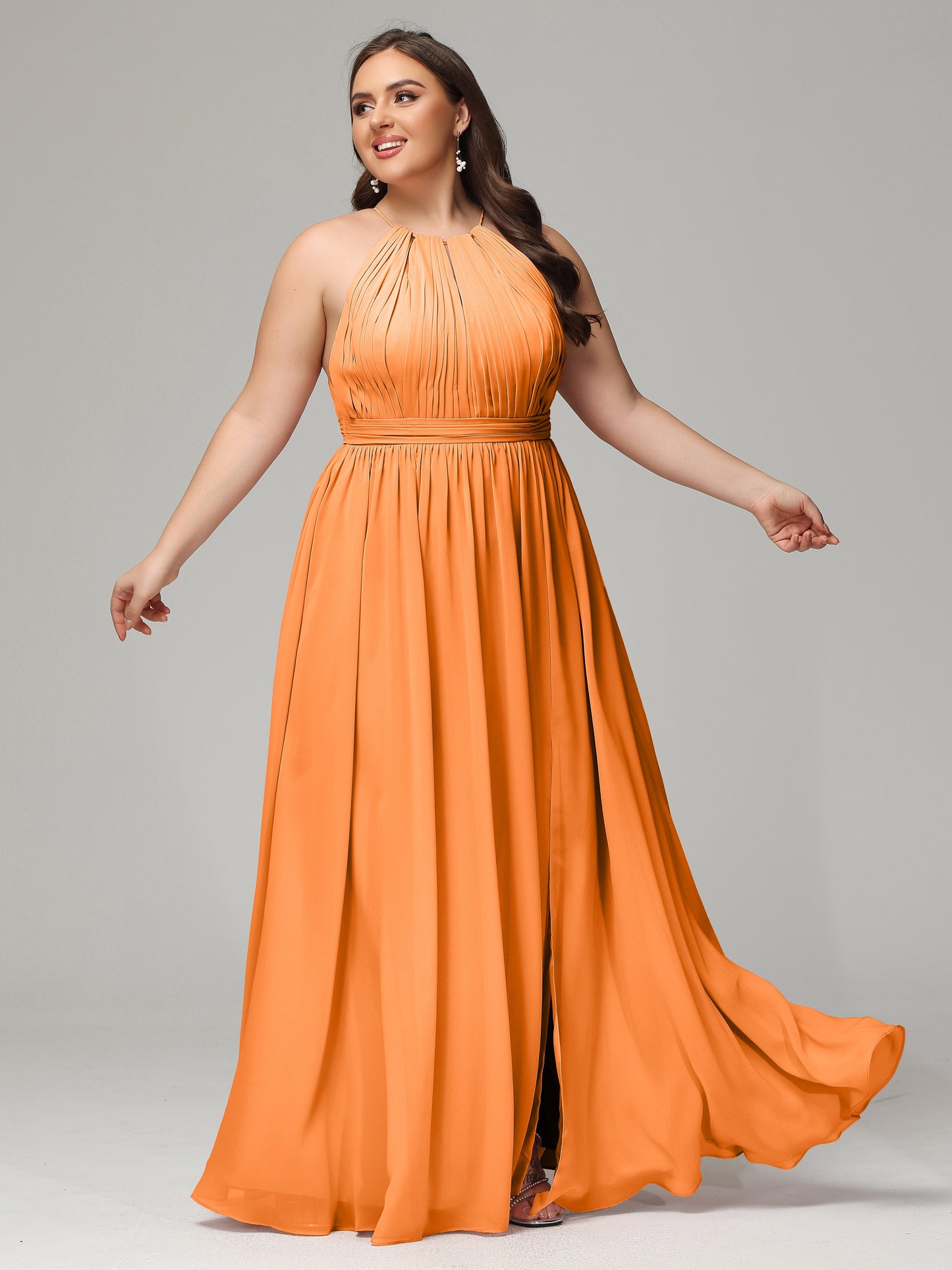Floor Length Halter Plus Size Split Chiffon Bridesmaid Dresses