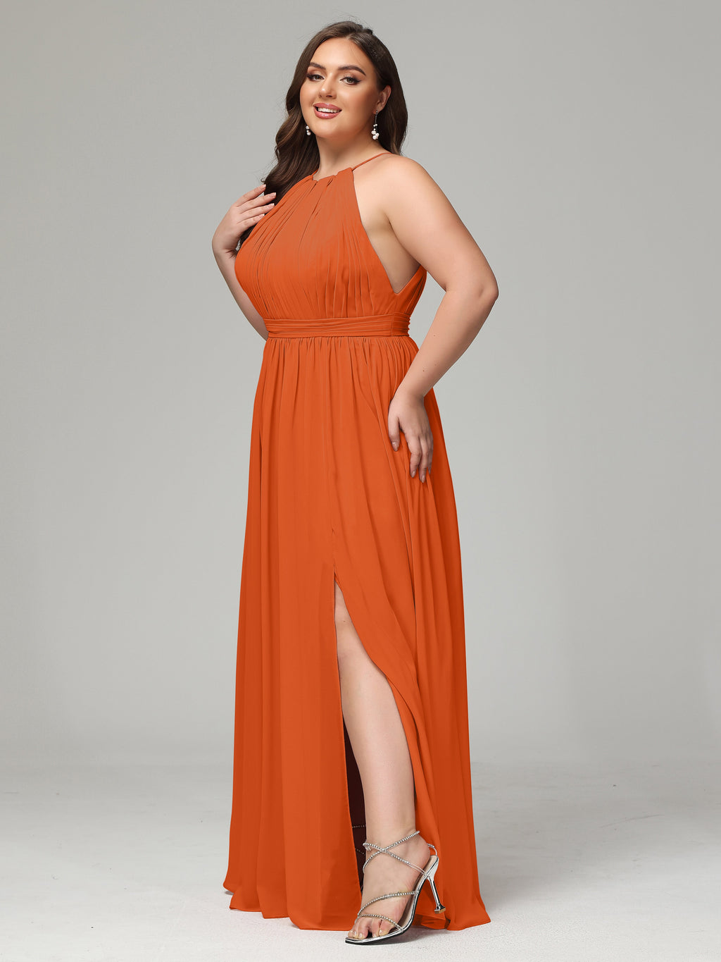 Floor Length Halter Plus Size Split Chiffon Bridesmaid Dresses