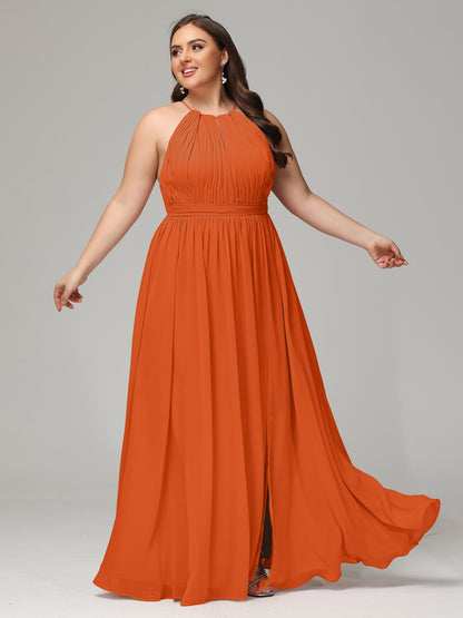 Floor Length Halter Plus Size Split Chiffon Bridesmaid Dresses