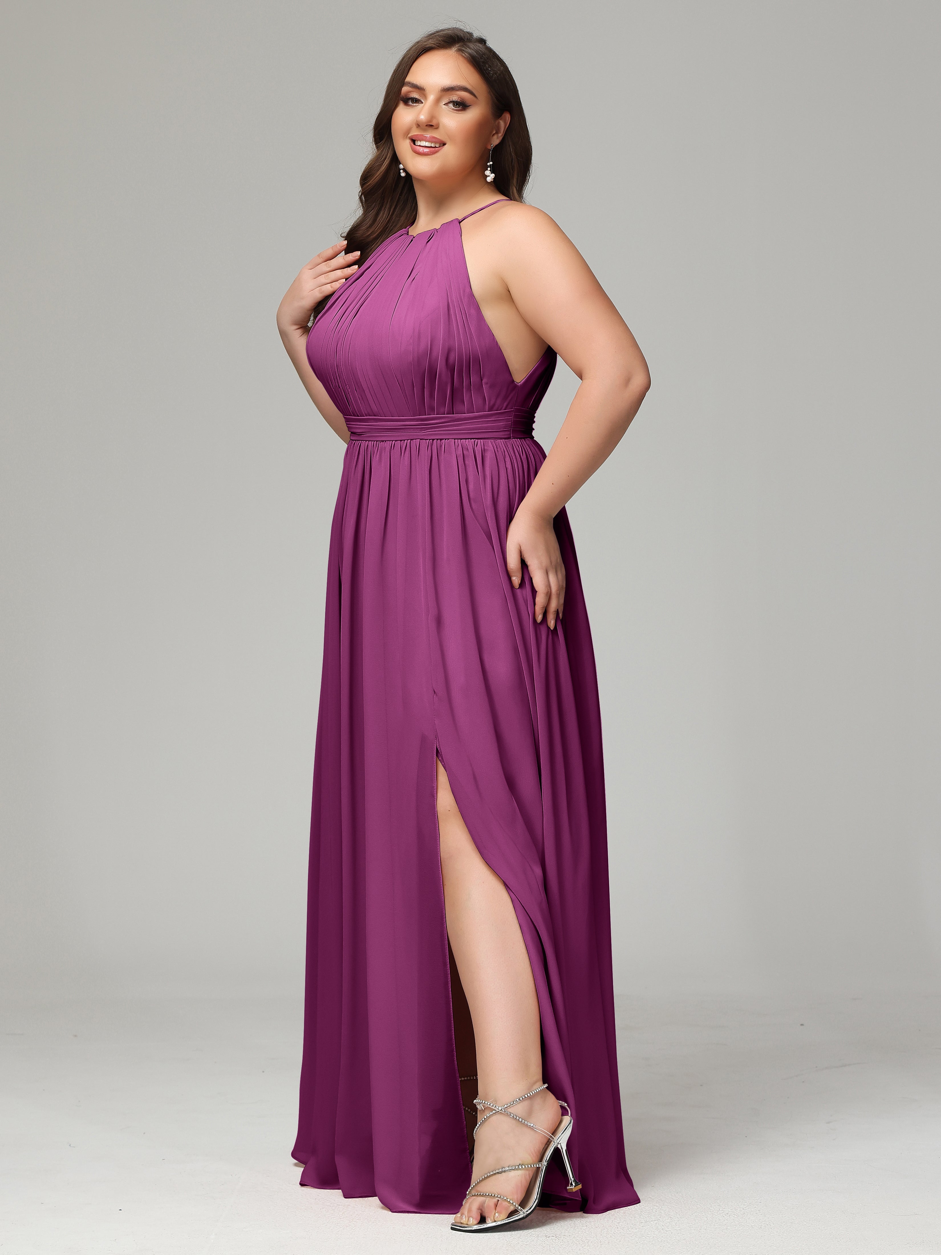 Floor Length Halter Plus Size Split Chiffon Bridesmaid Dresses