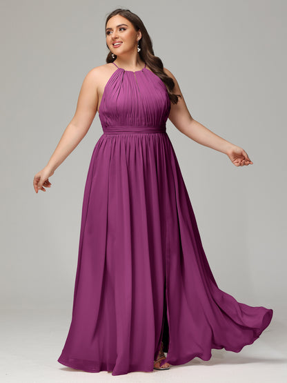 Floor Length Halter Plus Size Split Chiffon Bridesmaid Dresses