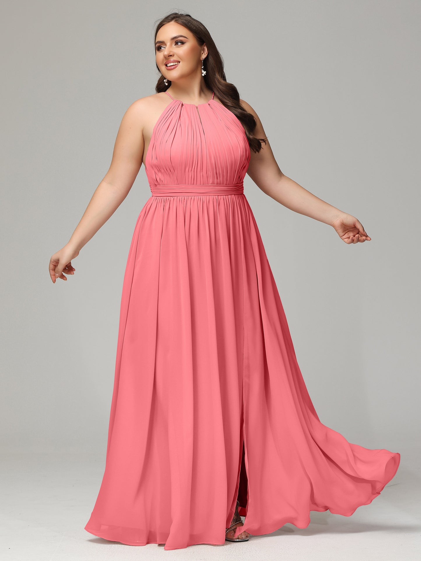 Floor Length Halter Plus Size Split Chiffon Bridesmaid Dresses