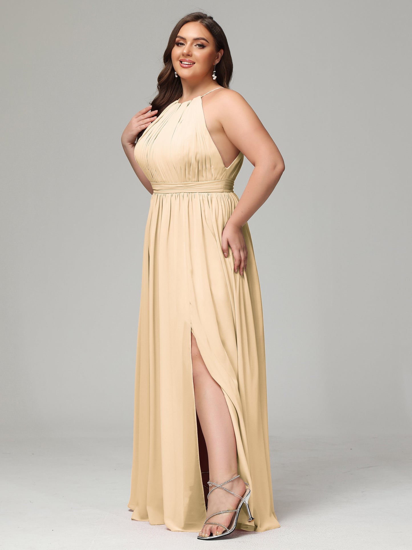 Floor Length Halter Plus Size Split Chiffon Bridesmaid Dresses