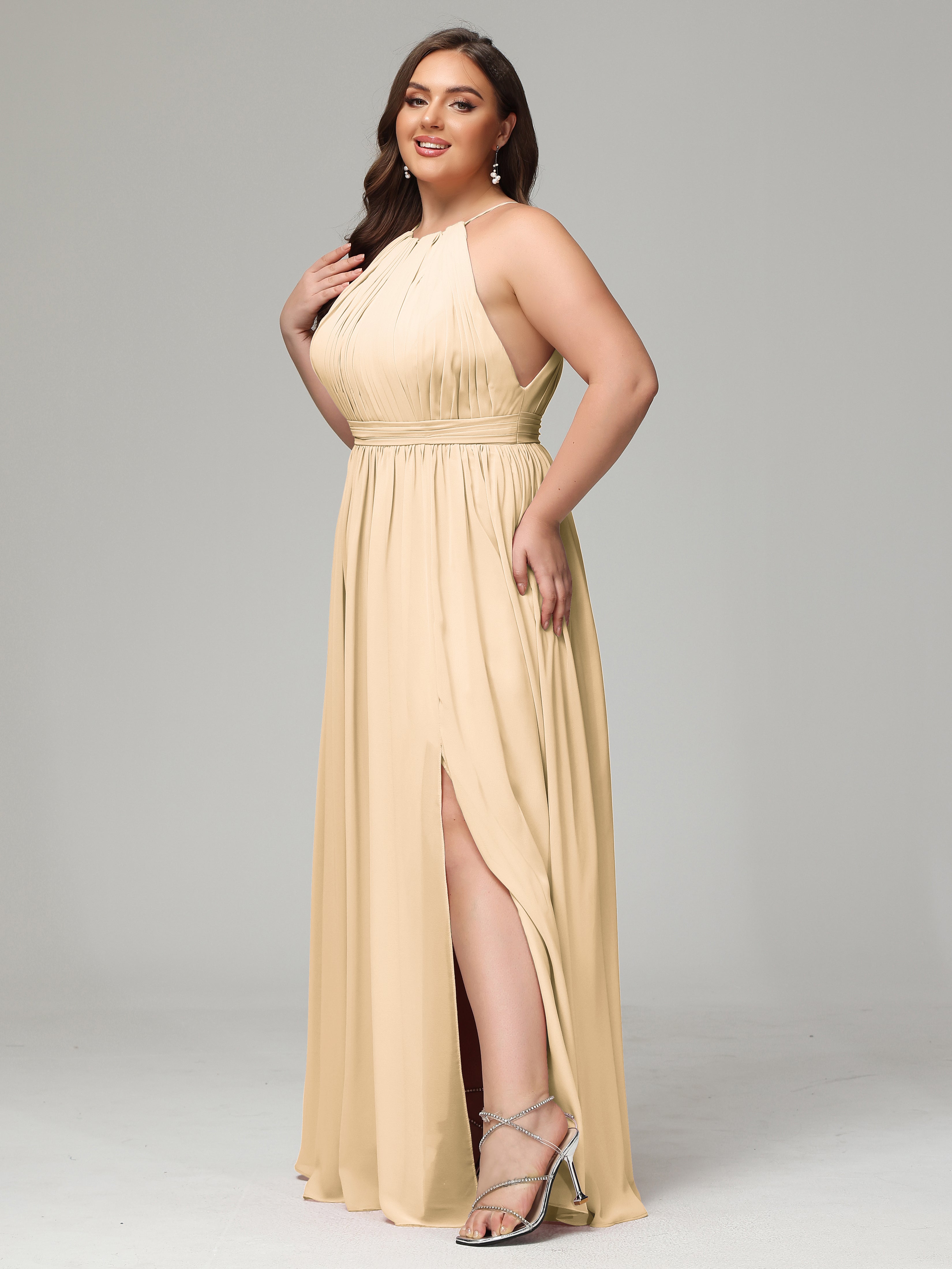 Floor Length Halter Plus Size Split Chiffon Bridesmaid Dresses
