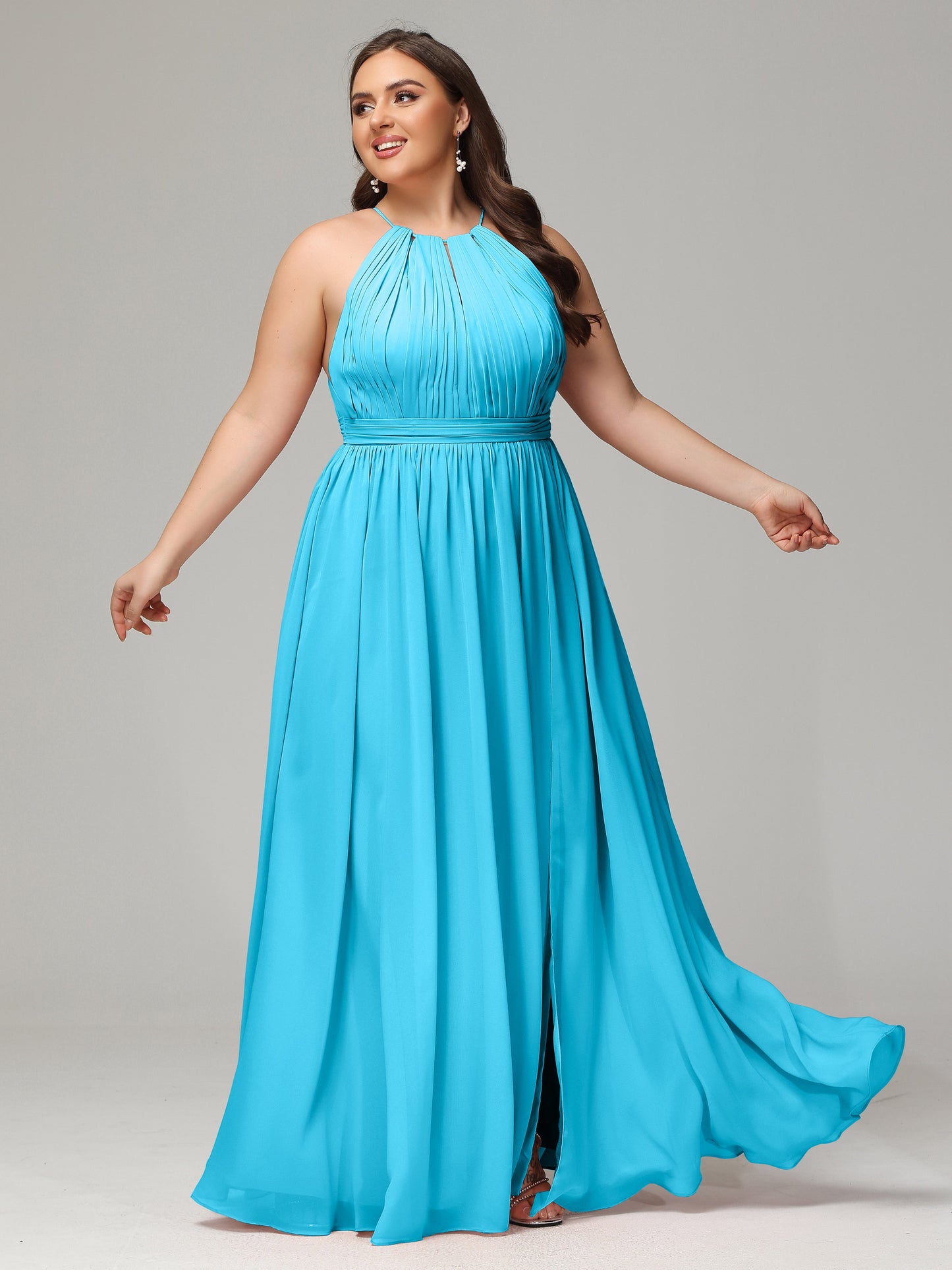 Floor Length Halter Plus Size Split Chiffon Bridesmaid Dresses
