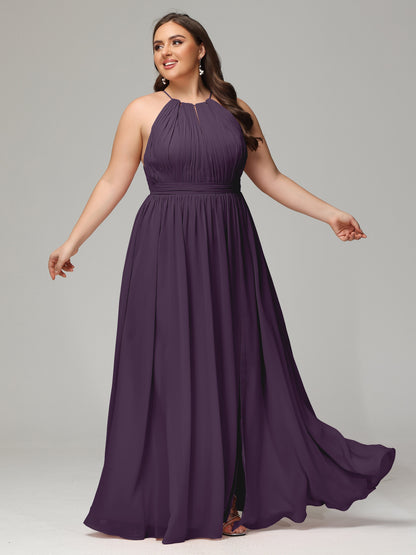 Floor Length Halter Plus Size Split Chiffon Bridesmaid Dresses