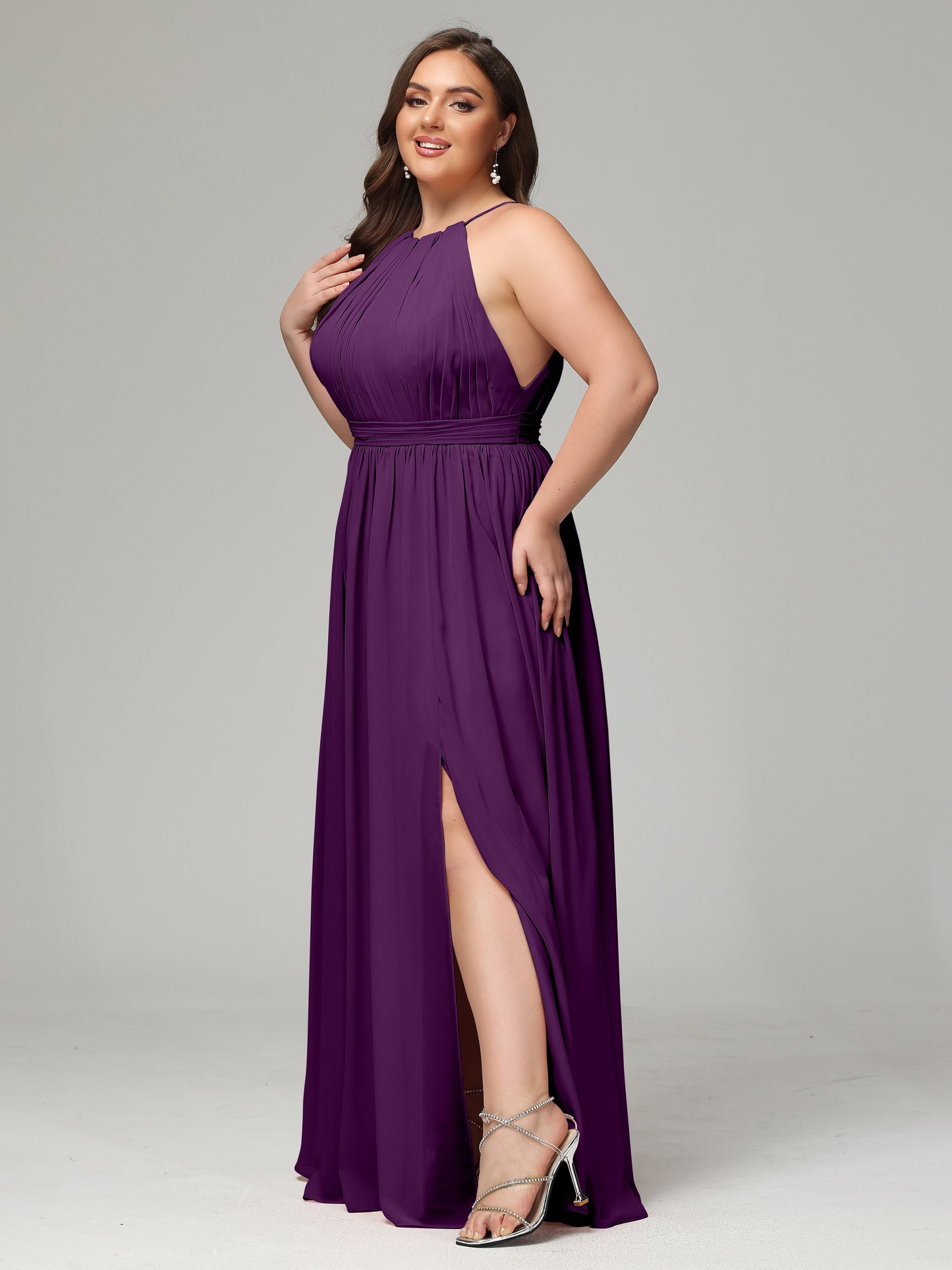 Floor Length Halter Plus Size Split Chiffon Bridesmaid Dresses