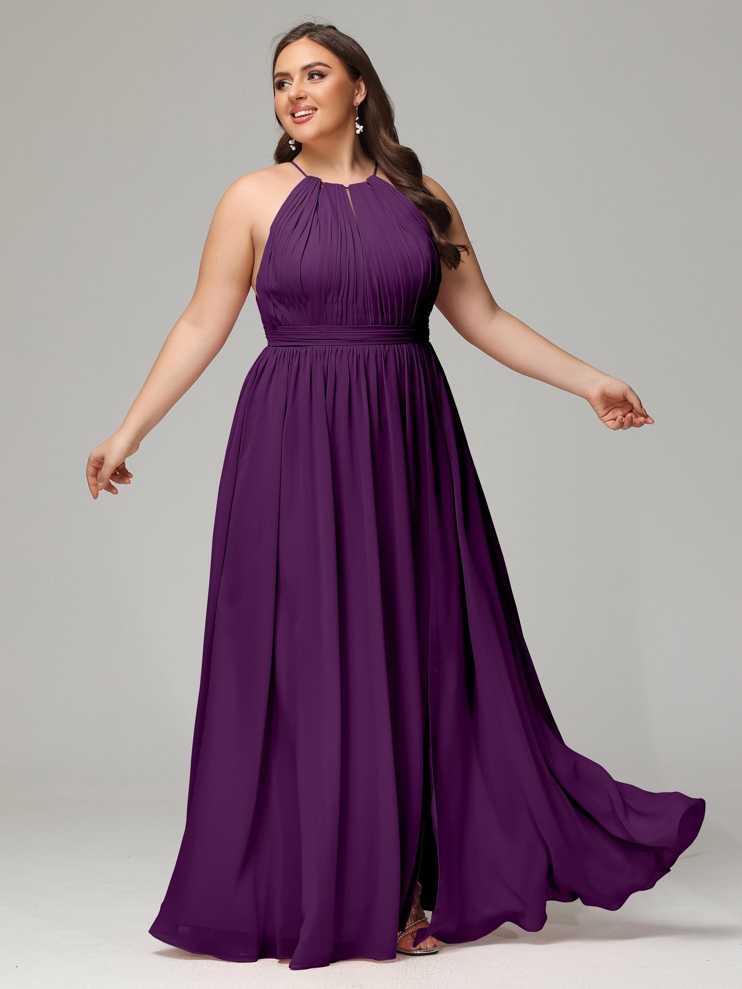 Floor Length Halter Plus Size Split Chiffon Bridesmaid Dresses