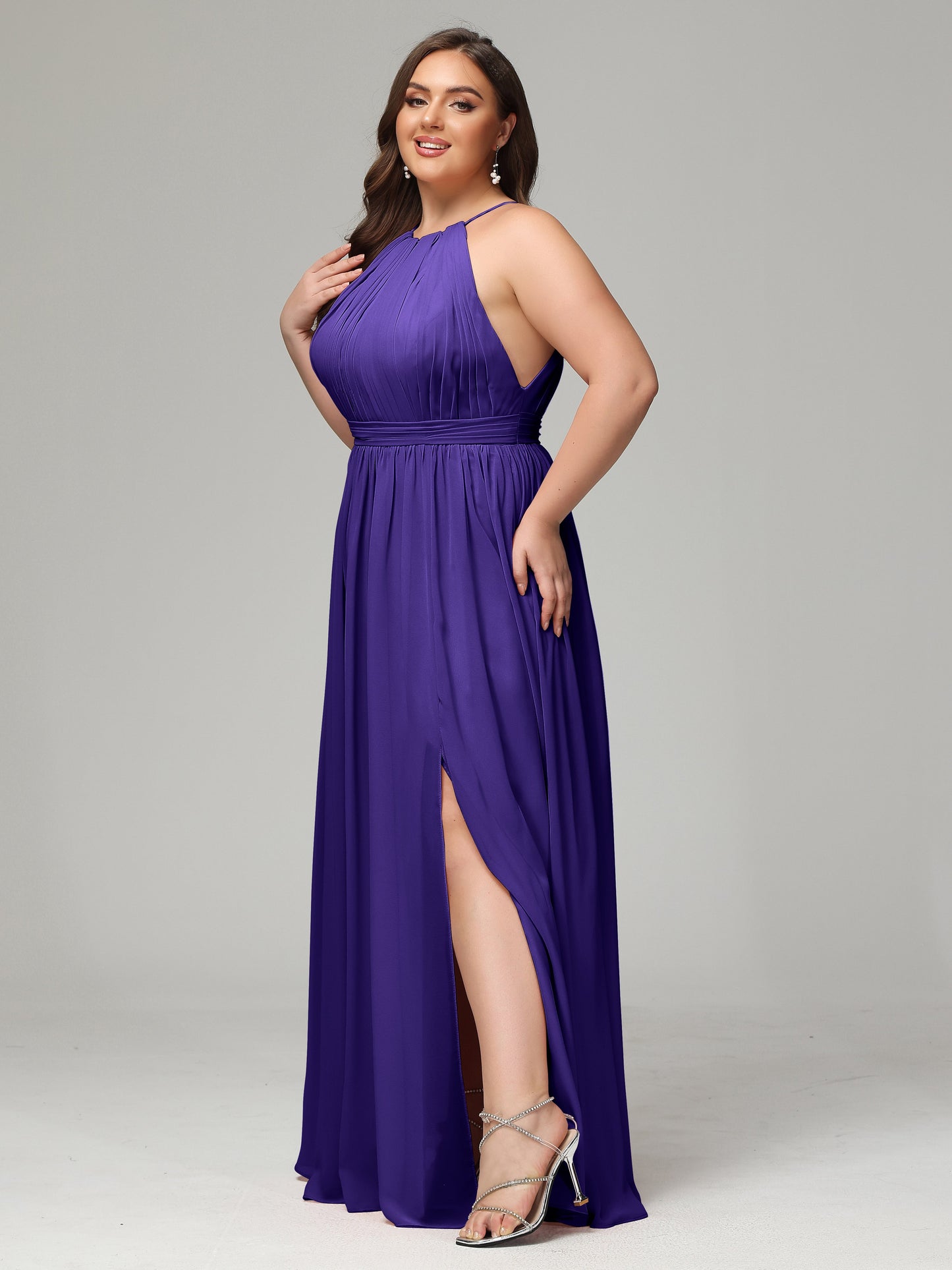 Floor Length Halter Plus Size Split Chiffon Bridesmaid Dresses