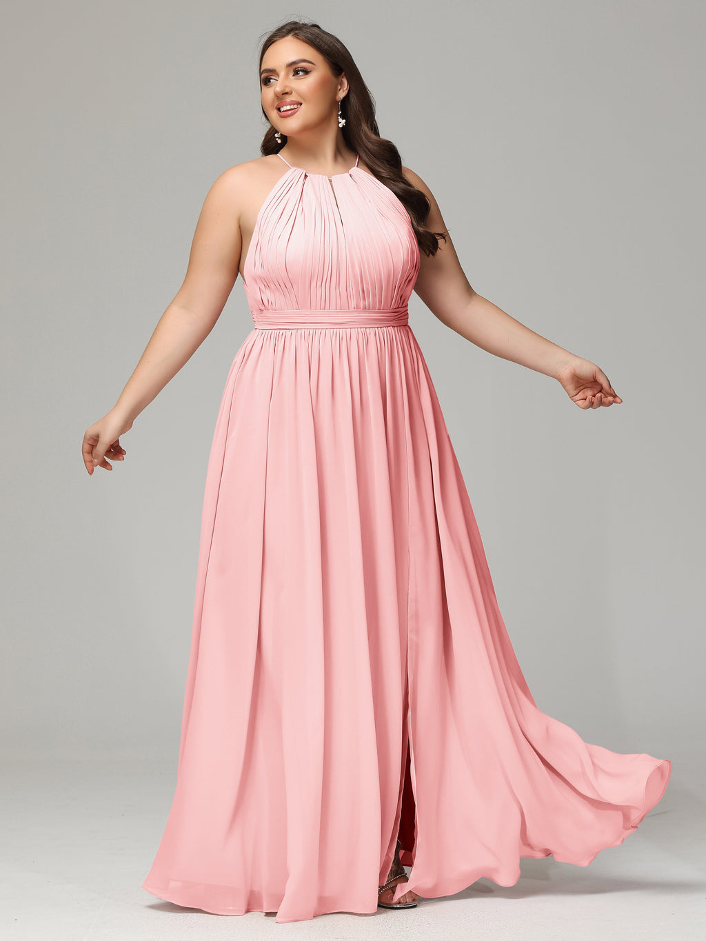 Floor Length Halter Plus Size Split Chiffon Bridesmaid Dresses