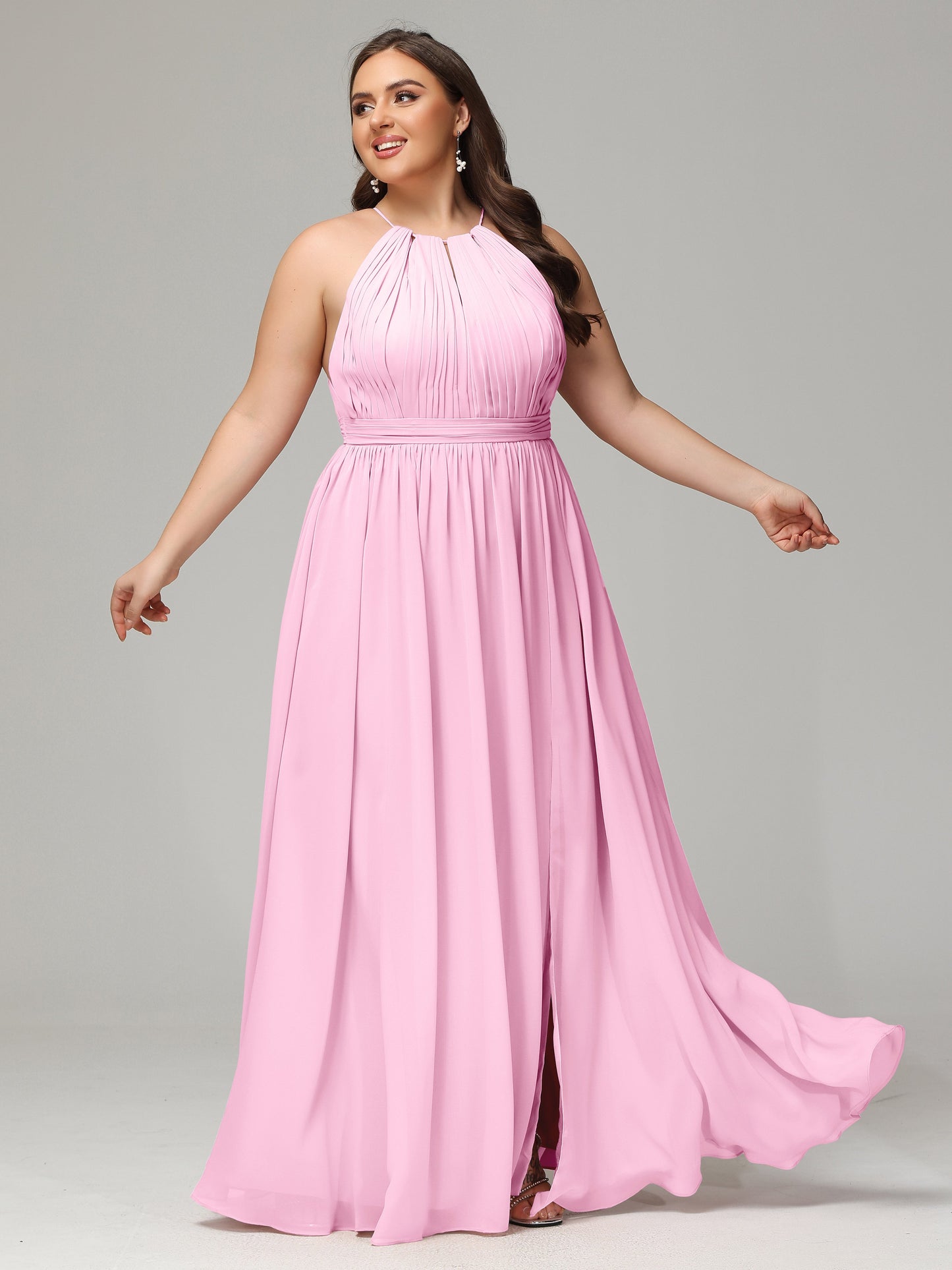 Floor Length Halter Plus Size Split Chiffon Bridesmaid Dresses