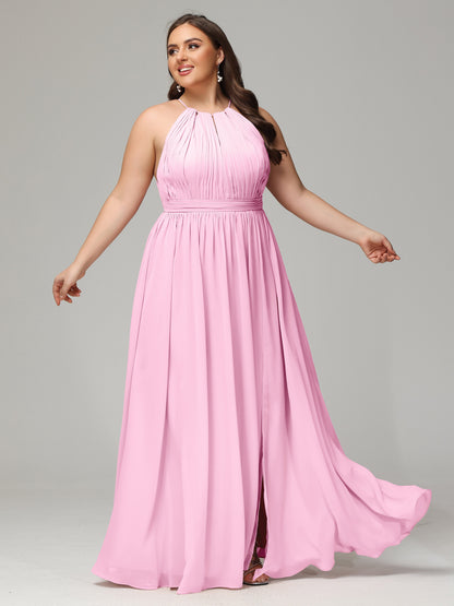 Floor Length Halter Plus Size Split Chiffon Bridesmaid Dresses