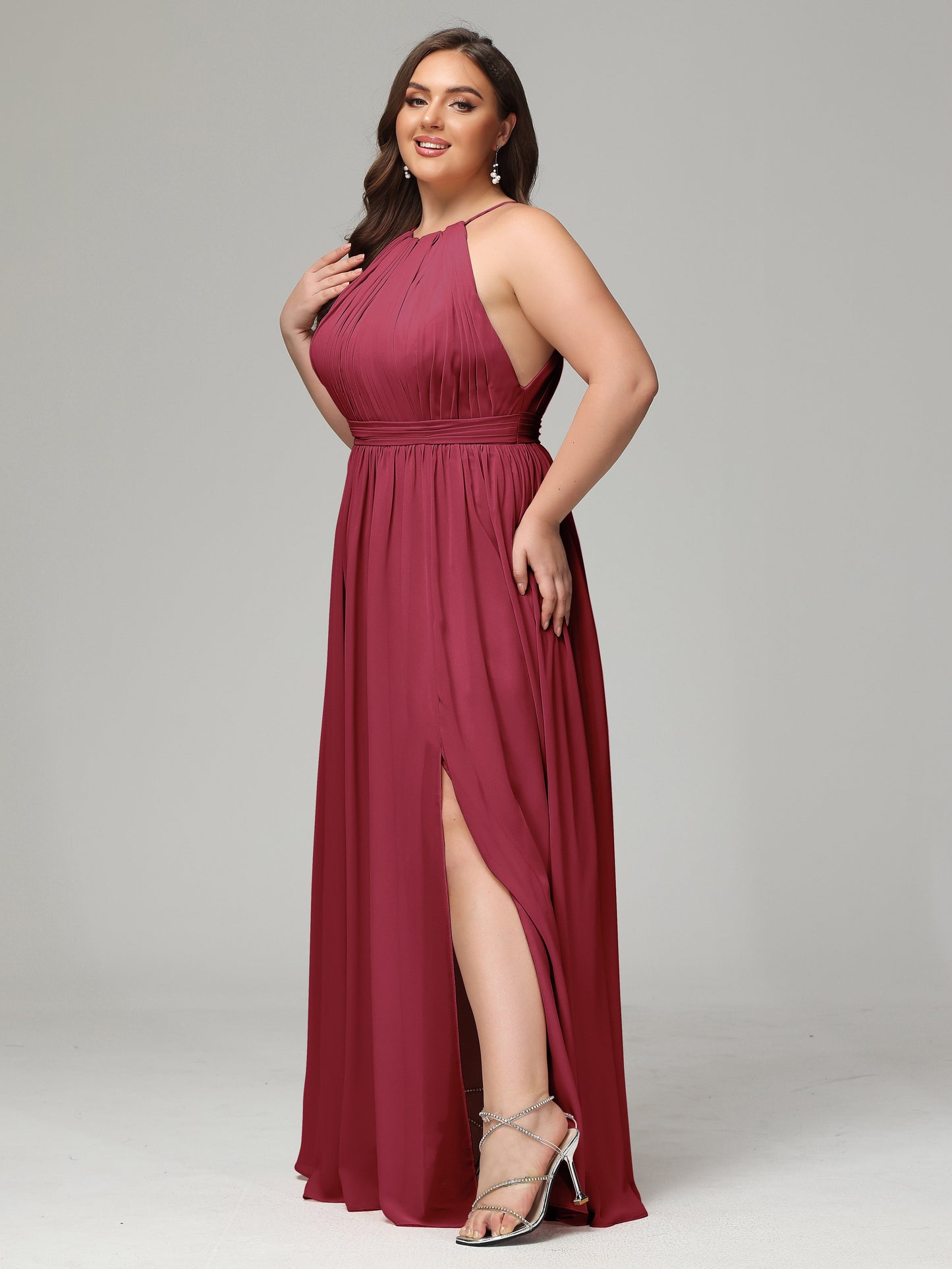 Floor Length Halter Plus Size Split Chiffon Bridesmaid Dresses