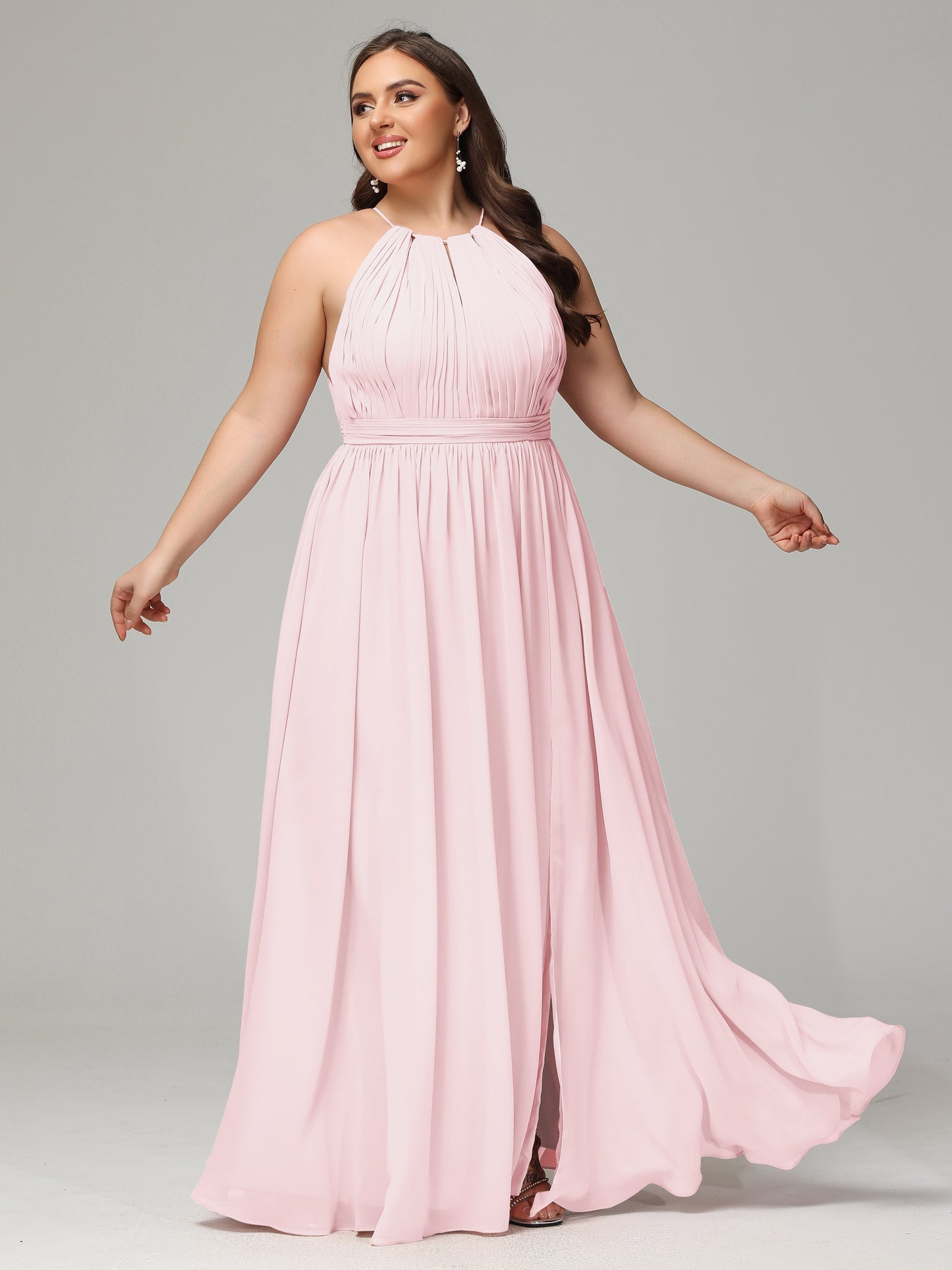 Floor Length Halter Plus Size Split Chiffon Bridesmaid Dresses