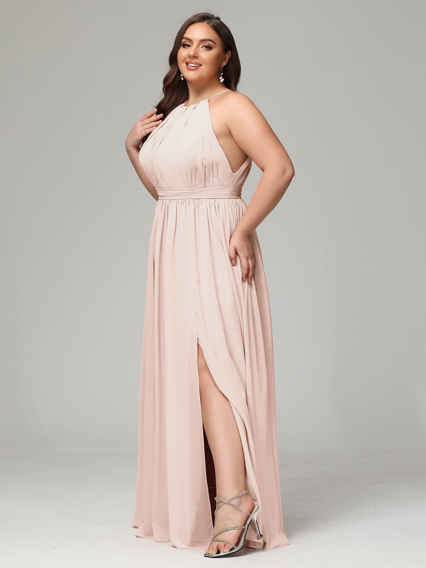 Floor Length Halter Plus Size Split Chiffon Bridesmaid Dresses