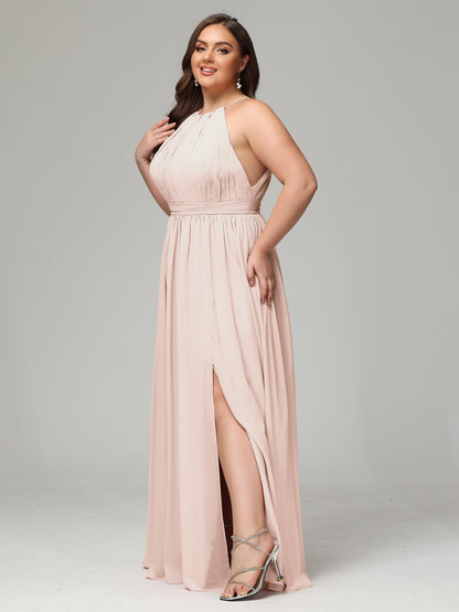 Floor Length Halter Plus Size Split Chiffon Bridesmaid Dresses