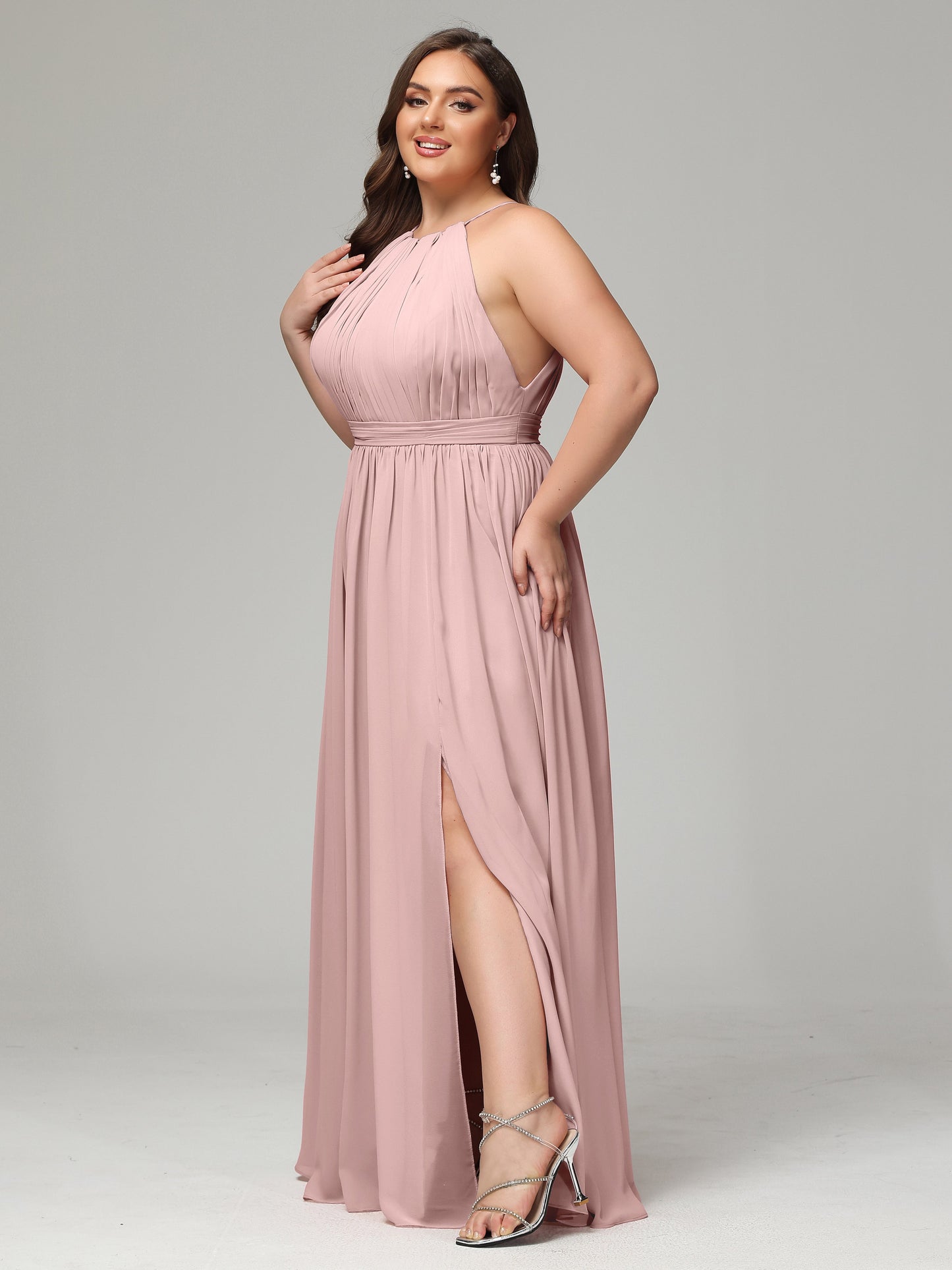 Floor Length Halter Plus Size Split Chiffon Bridesmaid Dresses