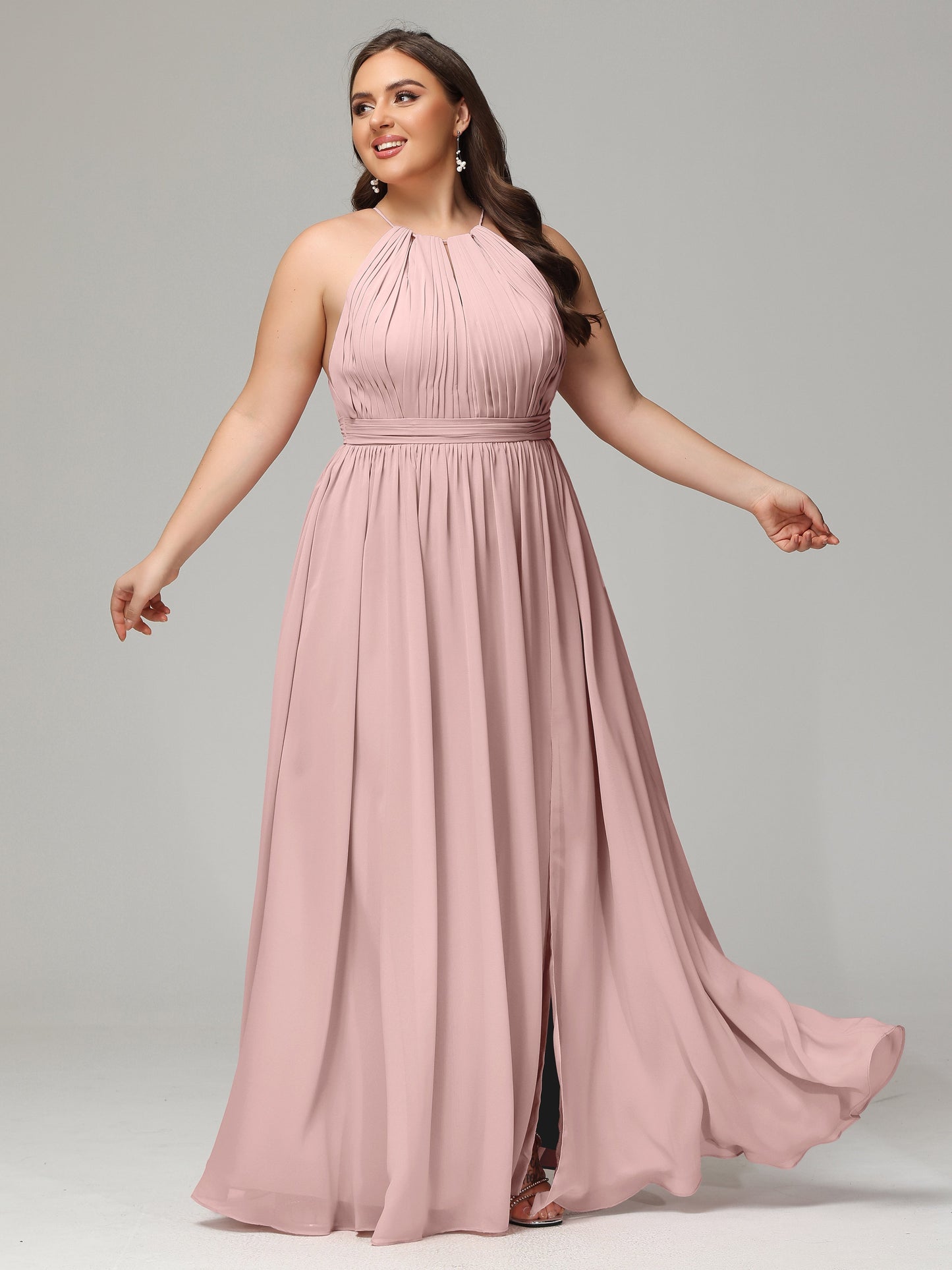 Floor Length Halter Plus Size Split Chiffon Bridesmaid Dresses