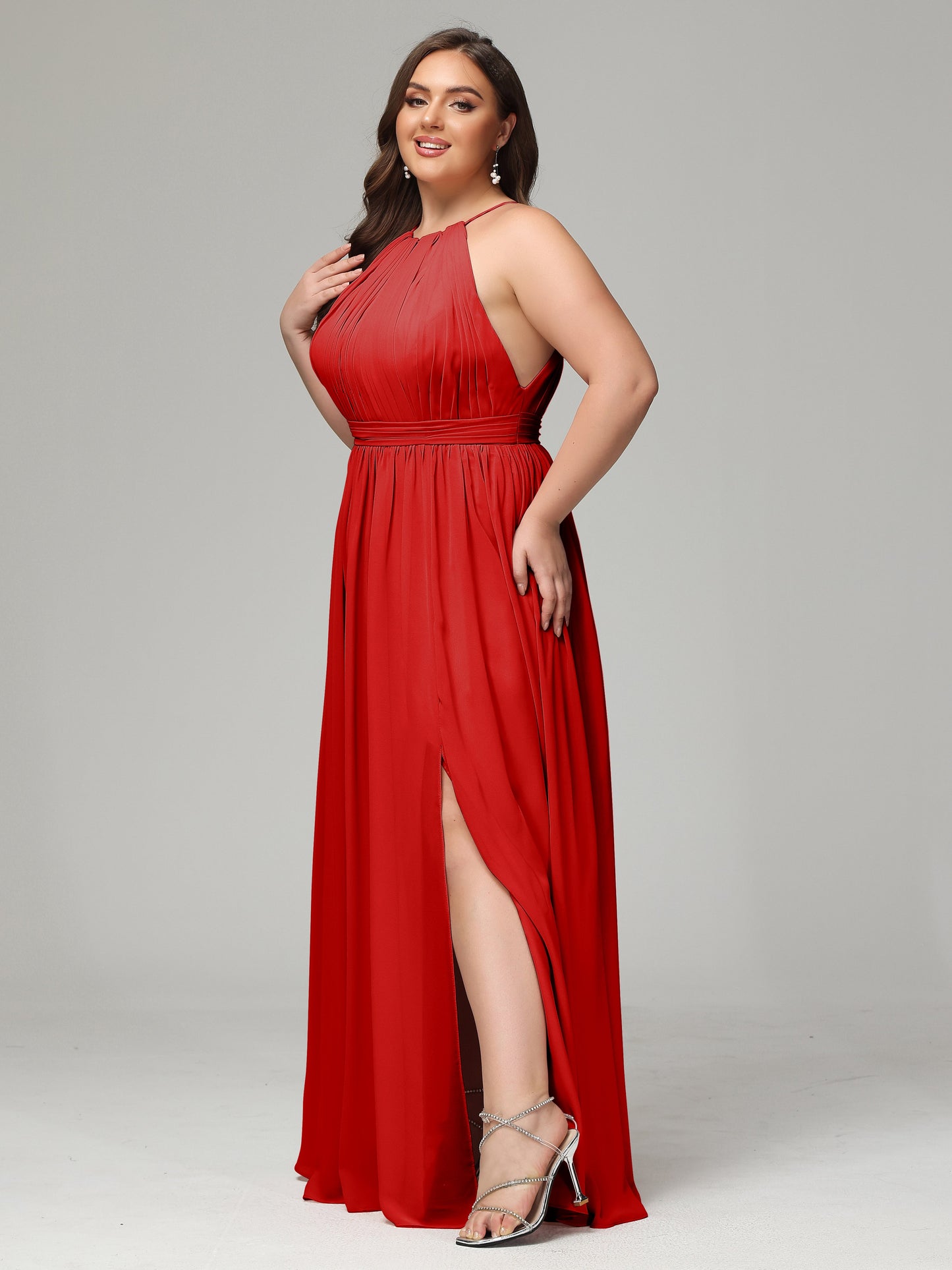 Floor Length Halter Plus Size Split Chiffon Bridesmaid Dresses