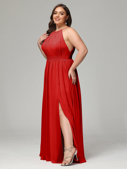 Floor Length Halter Plus Size Split Chiffon Bridesmaid Dresses