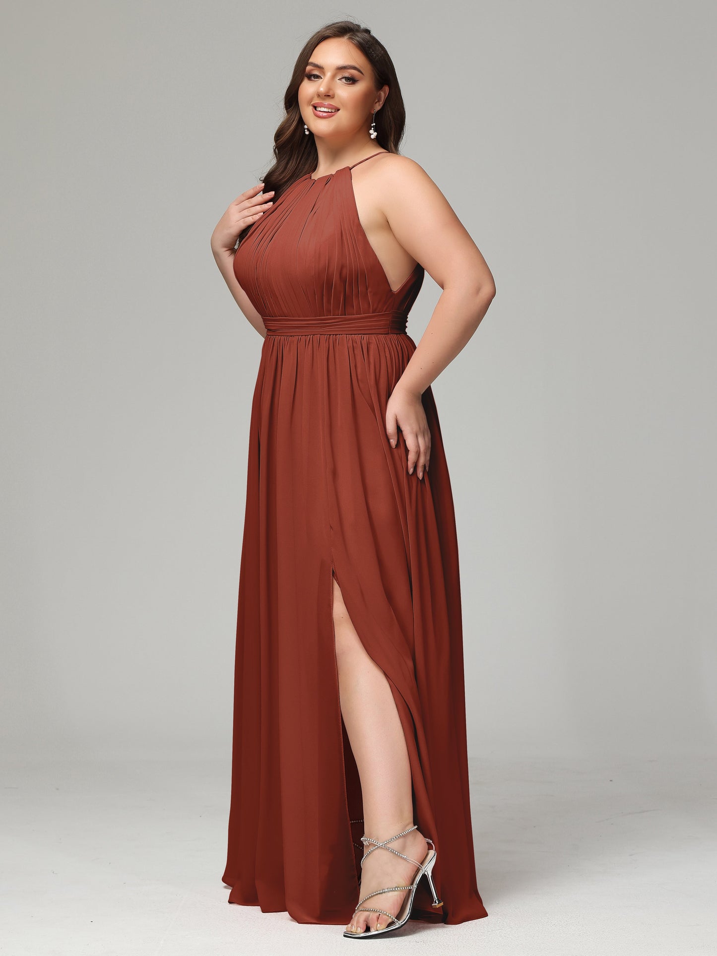 Floor Length Halter Plus Size Split Chiffon Bridesmaid Dresses