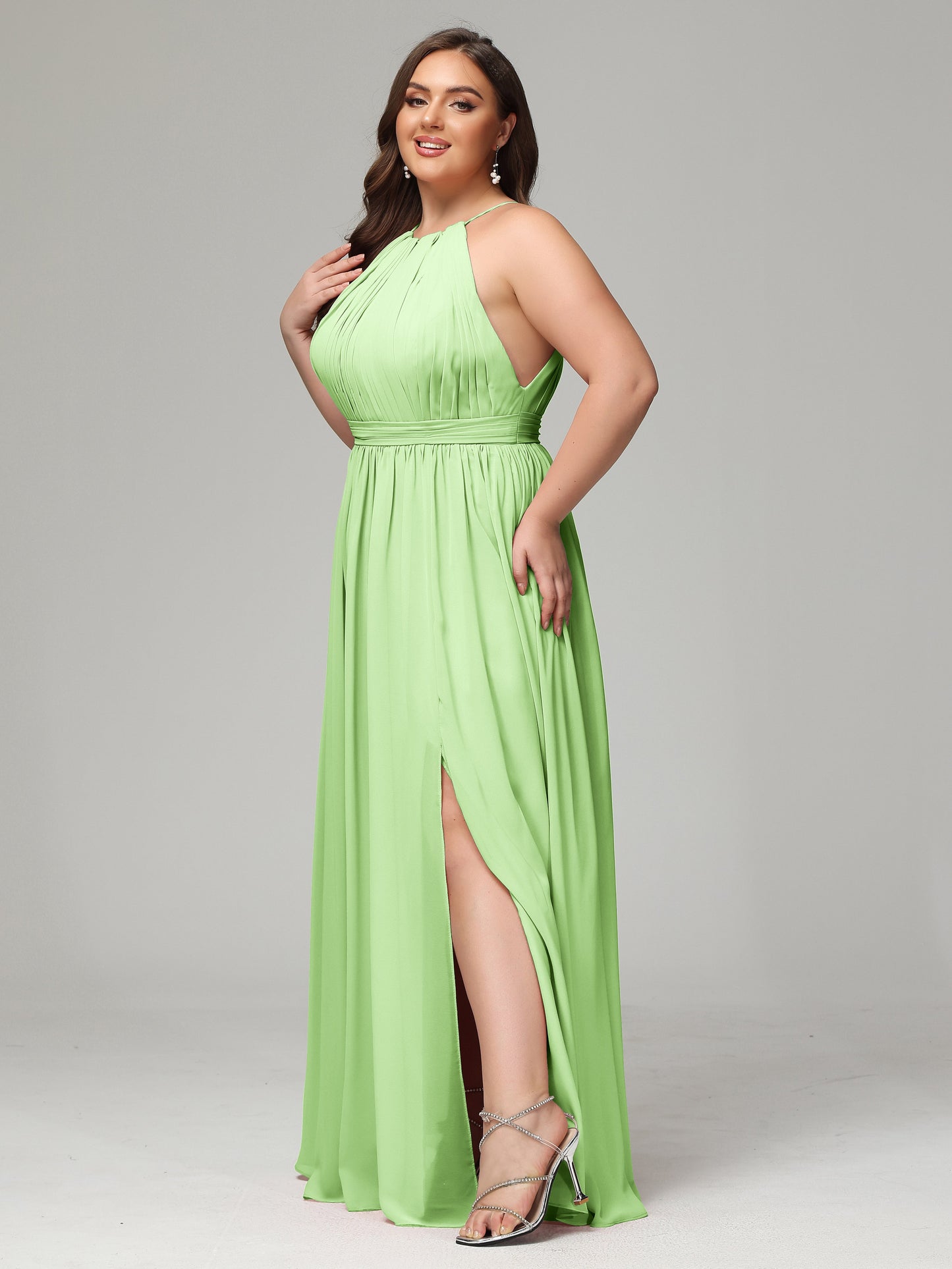 Floor Length Halter Plus Size Split Chiffon Bridesmaid Dresses