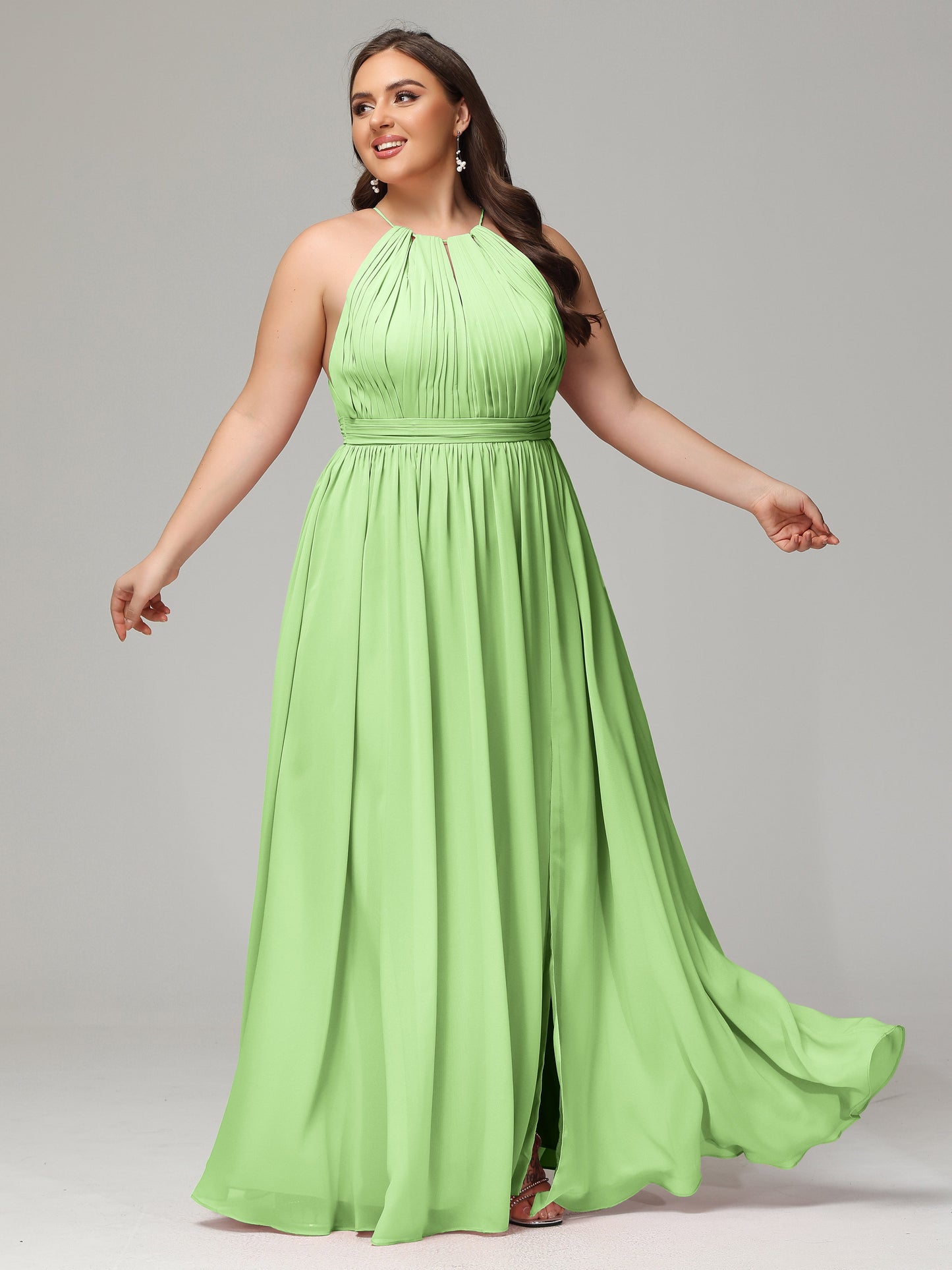 Floor Length Halter Plus Size Split Chiffon Bridesmaid Dresses
