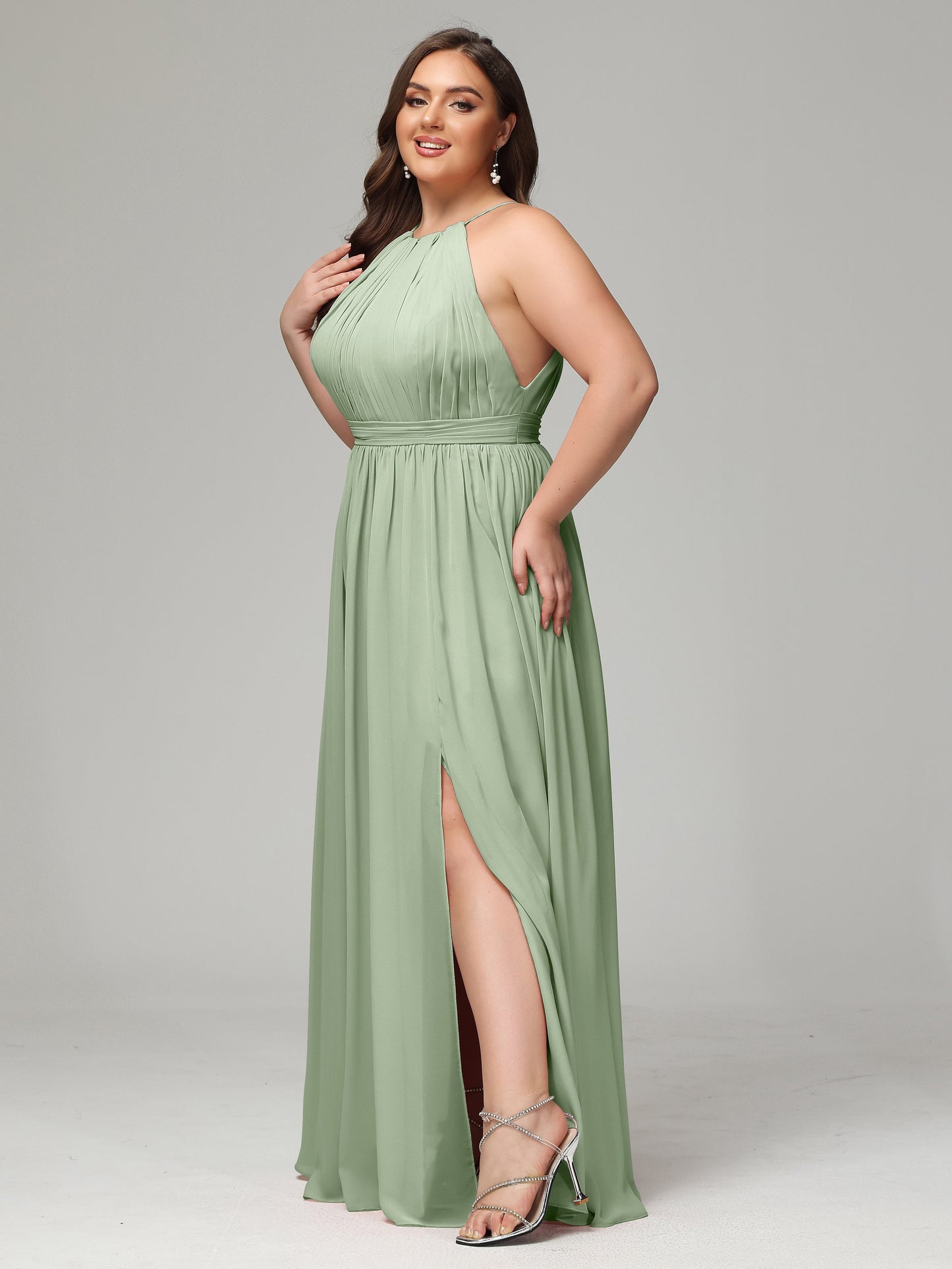 Floor Length Halter Plus Size Split Chiffon Bridesmaid Dresses