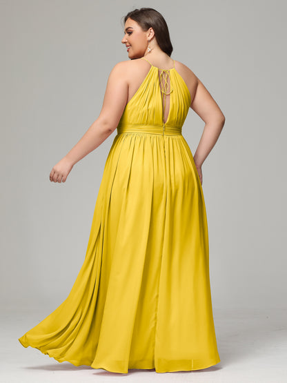 Floor Length Halter Plus Size Split Chiffon Bridesmaid Dresses