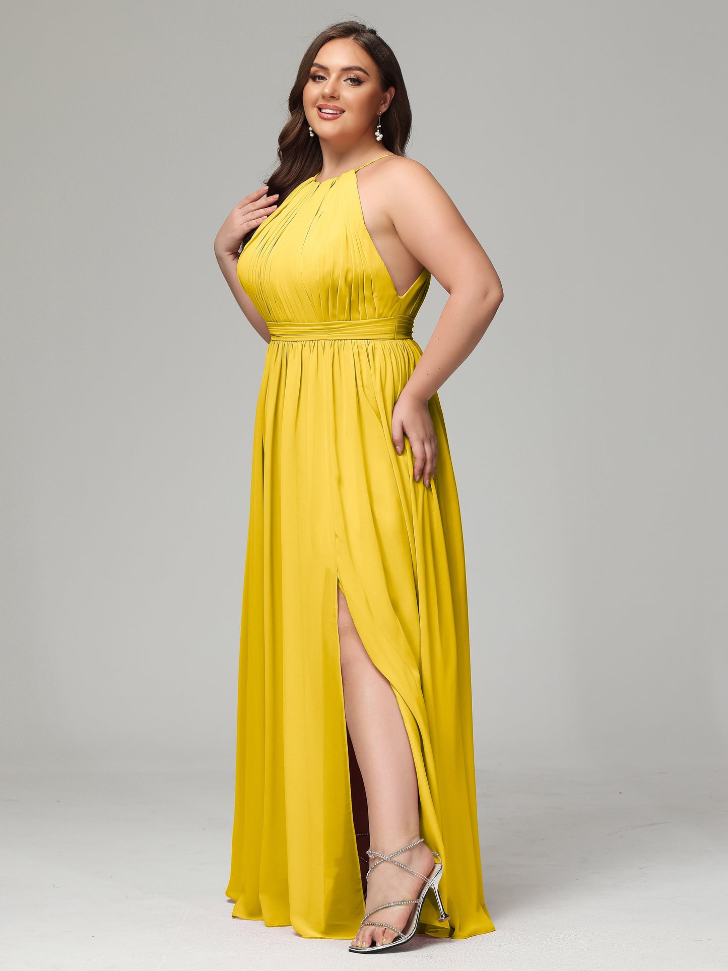 Floor Length Halter Plus Size Split Chiffon Bridesmaid Dresses