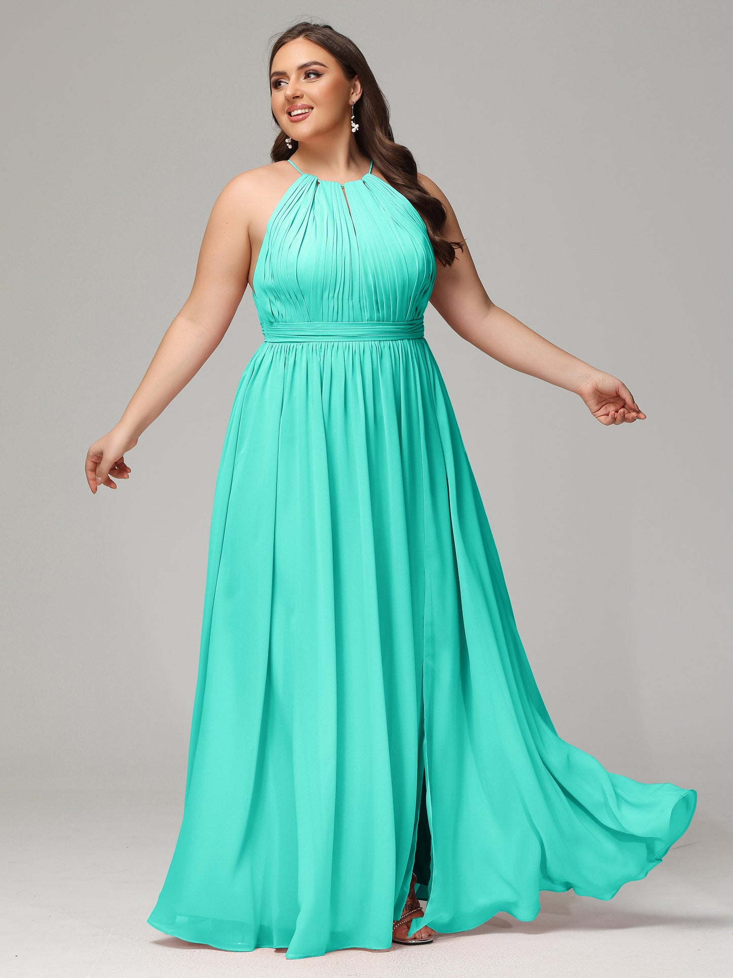 Floor Length Halter Plus Size Split Chiffon Bridesmaid Dresses