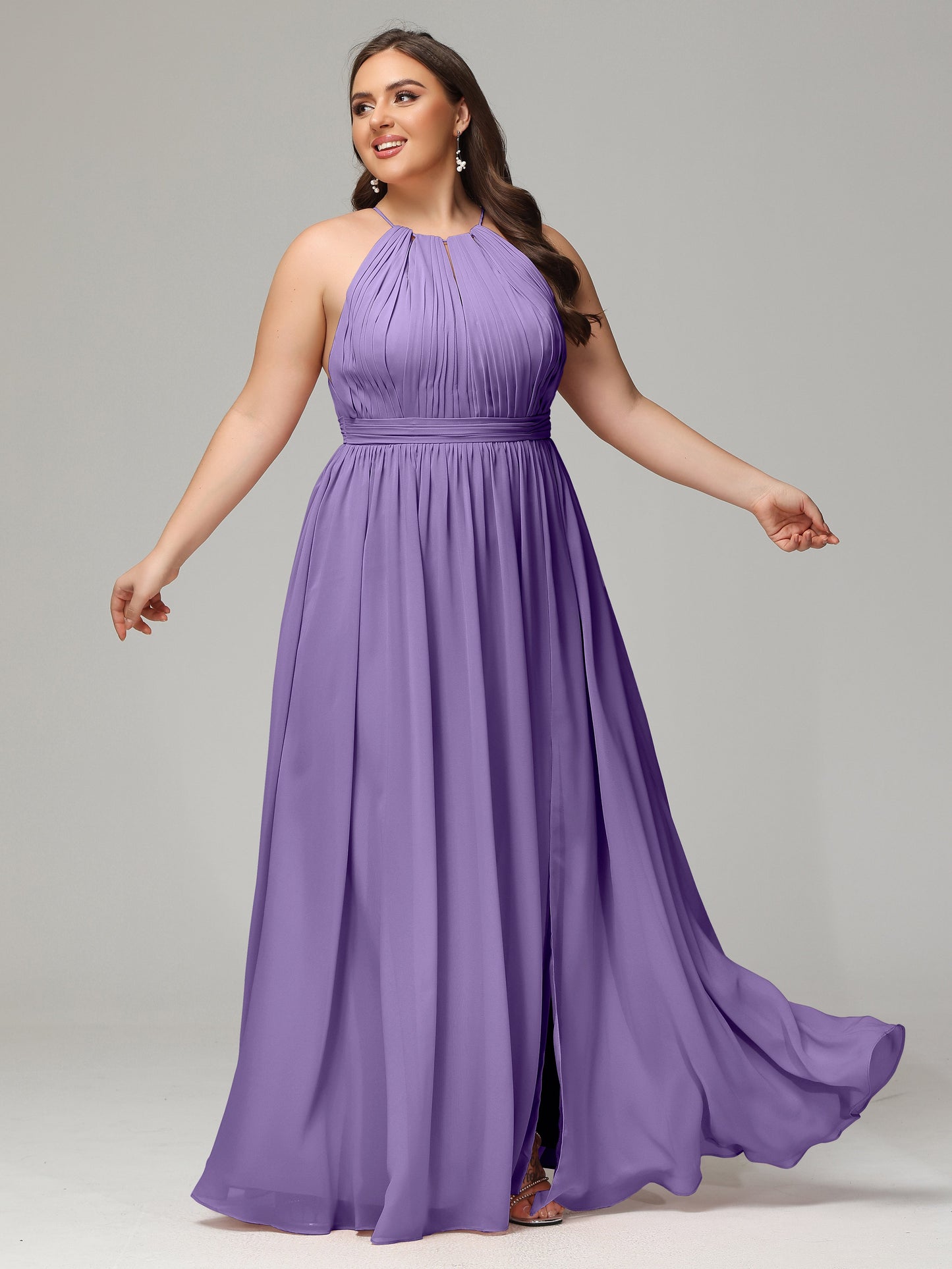 Floor Length Halter Plus Size Split Chiffon Bridesmaid Dresses