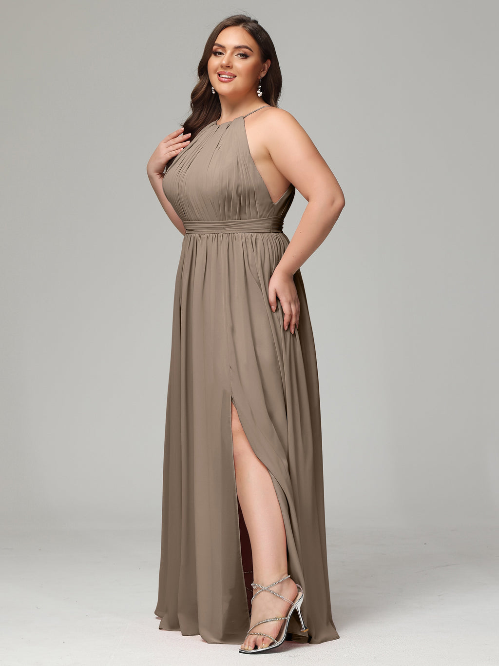 Floor Length Halter Plus Size Split Chiffon Bridesmaid Dresses