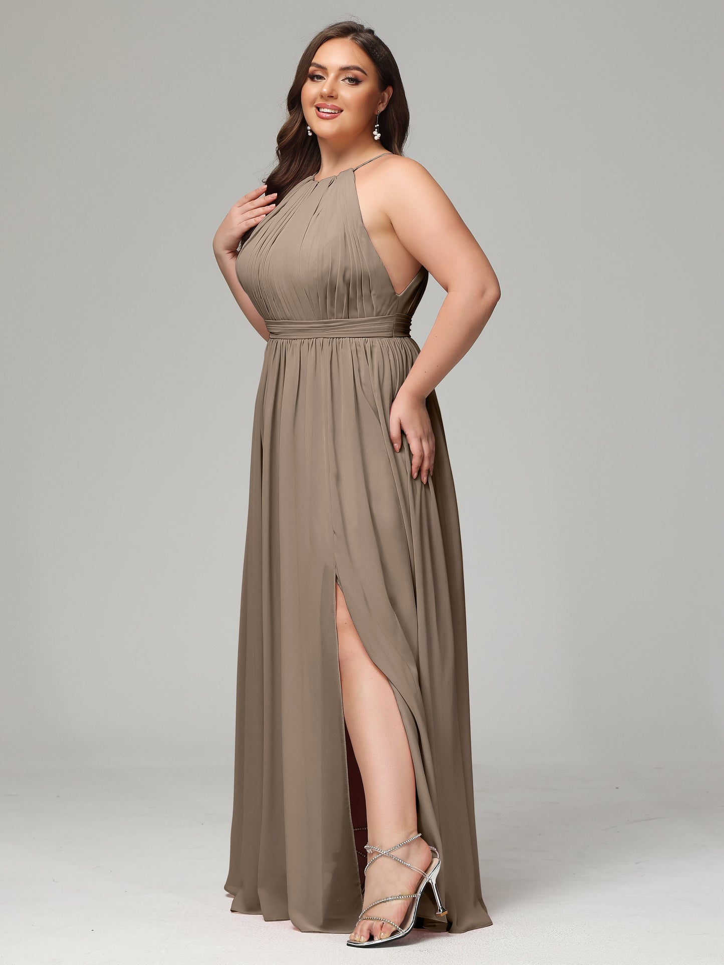 Floor Length Halter Plus Size Split Chiffon Bridesmaid Dresses