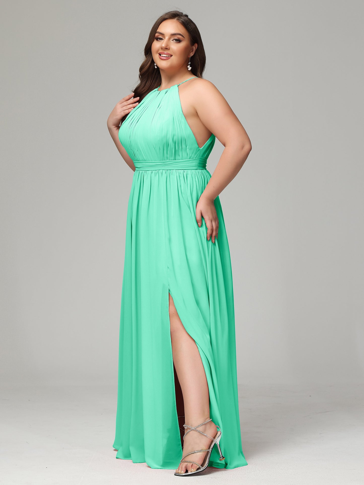 Floor Length Halter Plus Size Split Chiffon Bridesmaid Dresses