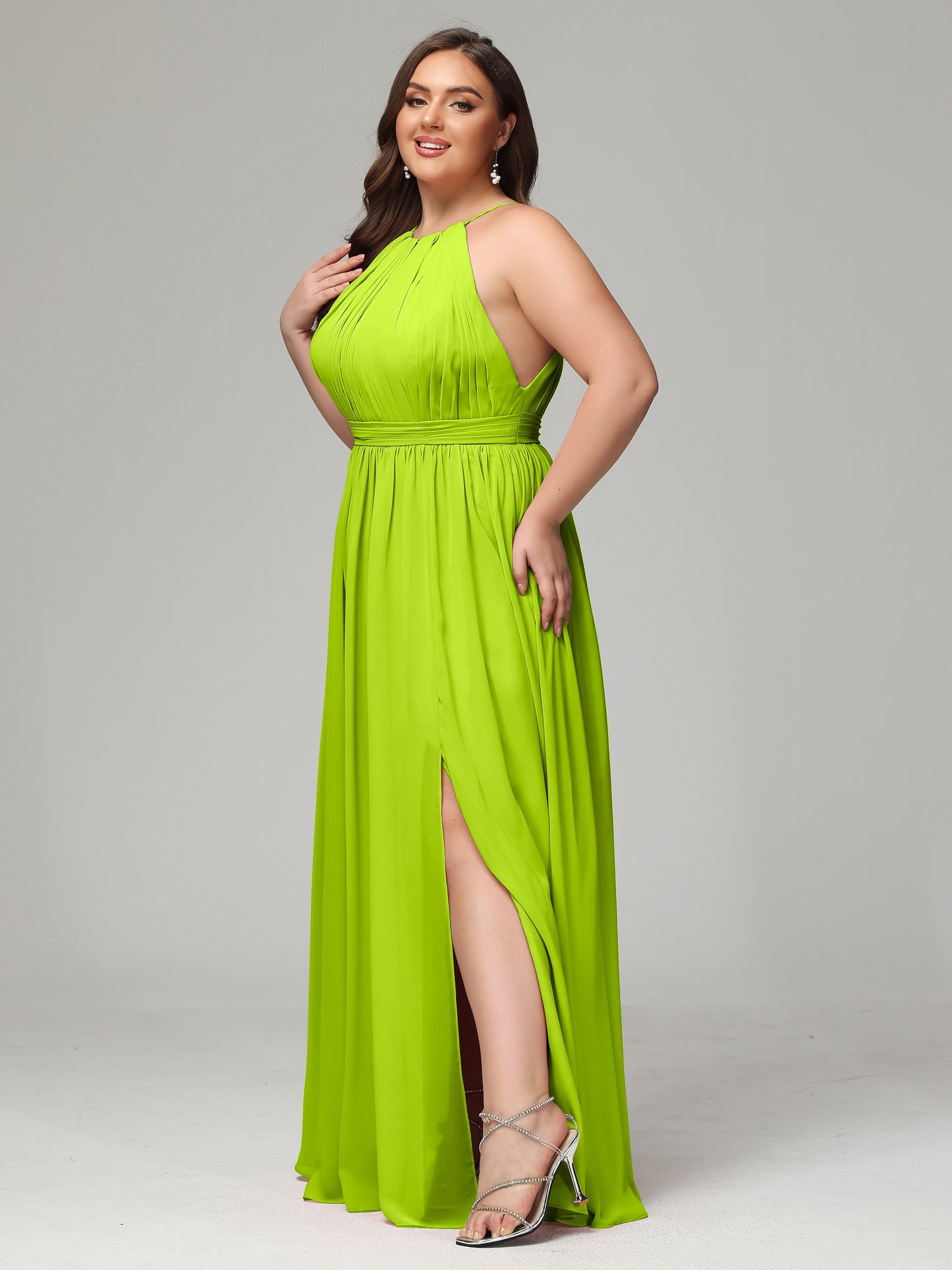 Floor Length Halter Plus Size Split Chiffon Bridesmaid Dresses
