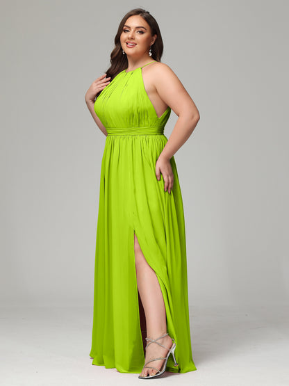 Floor Length Halter Plus Size Split Chiffon Bridesmaid Dresses