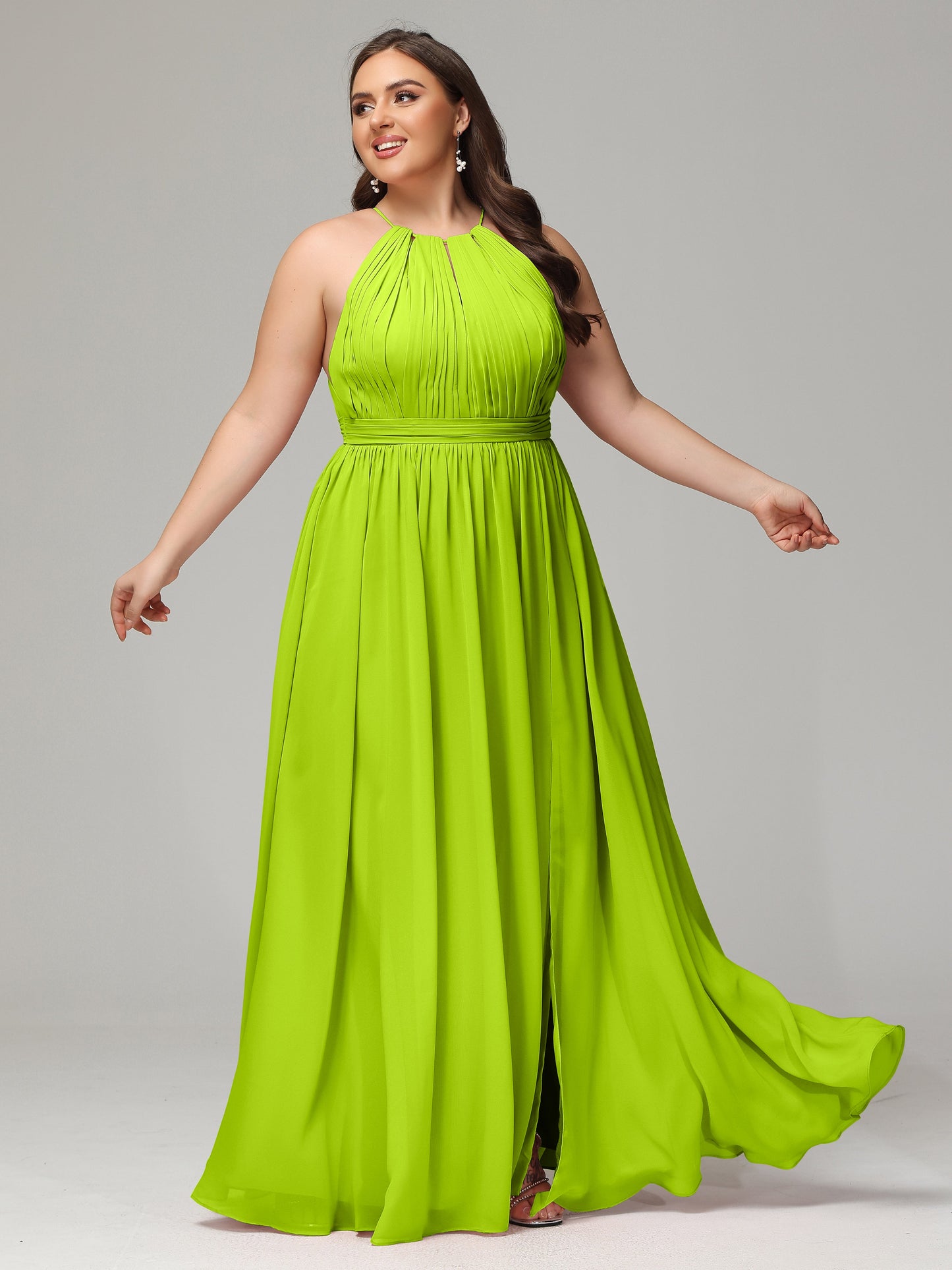 Floor Length Halter Plus Size Split Chiffon Bridesmaid Dresses
