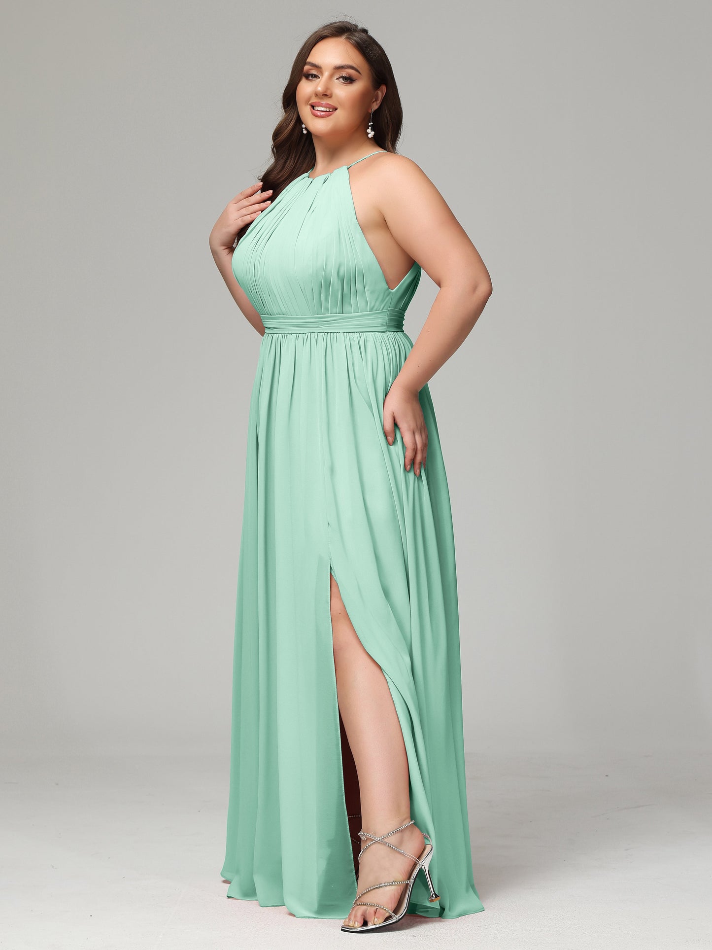 Floor Length Halter Plus Size Split Chiffon Bridesmaid Dresses