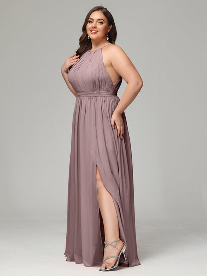 Floor Length Halter Plus Size Split Chiffon Bridesmaid Dresses