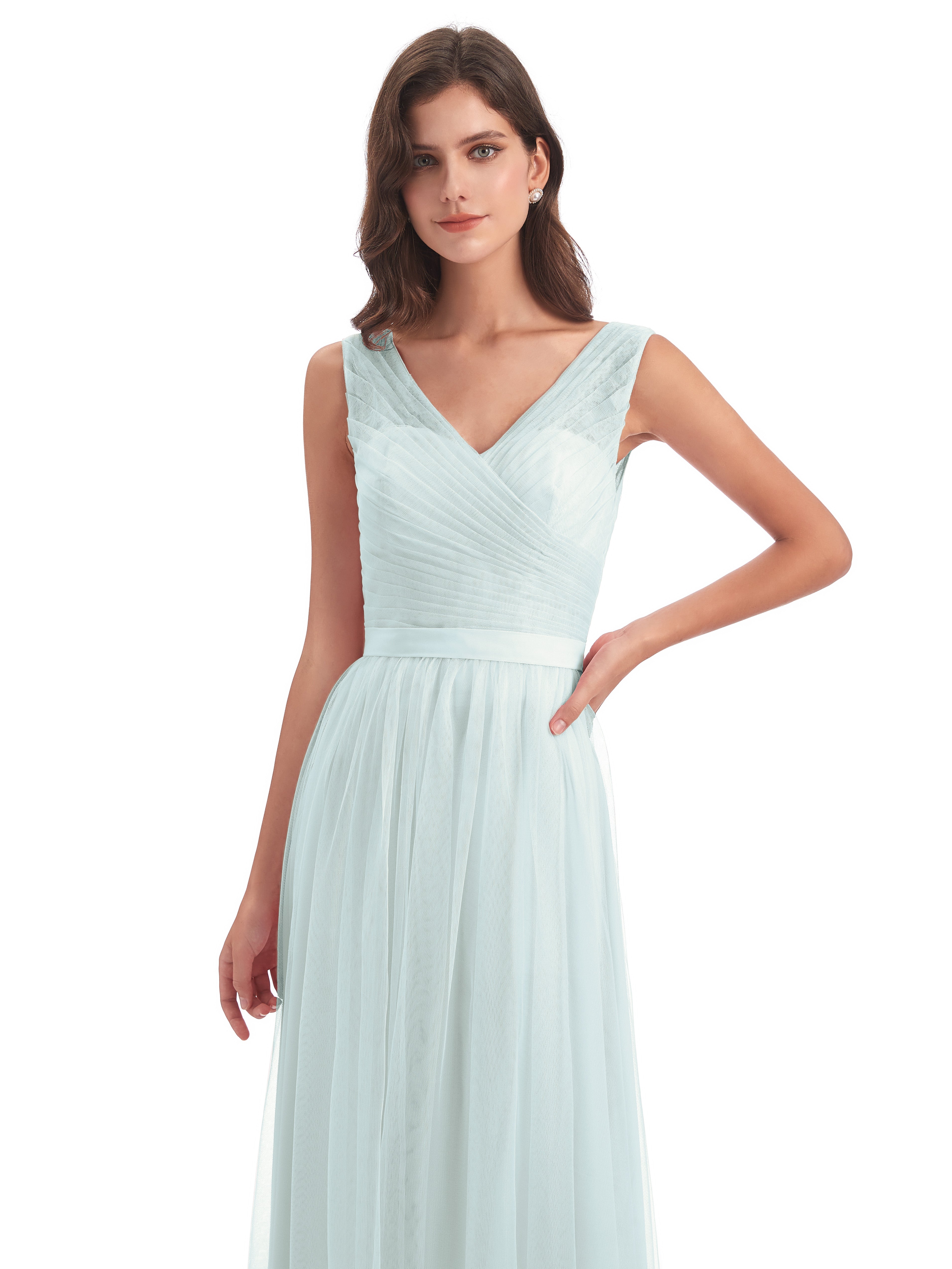 Mila Floor Length V-Neck Tulle Bridesmaid Dresses