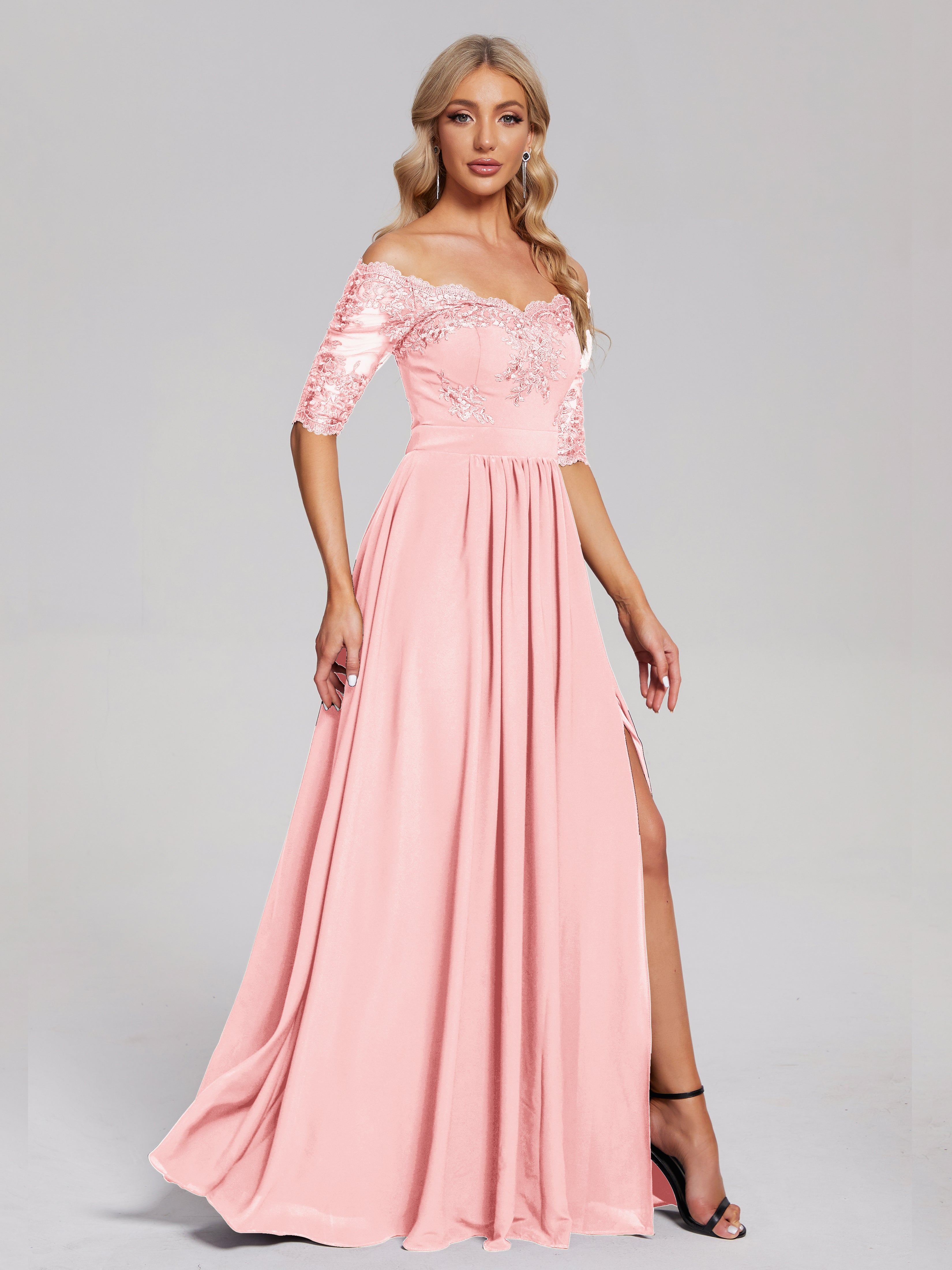 Keira Off the Shoulder Appliqued Lace Chiffon Bridesmaid Dress