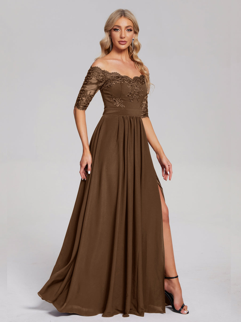 Keira Off the Shoulder Appliqued Lace Chiffon Bridesmaid Dress