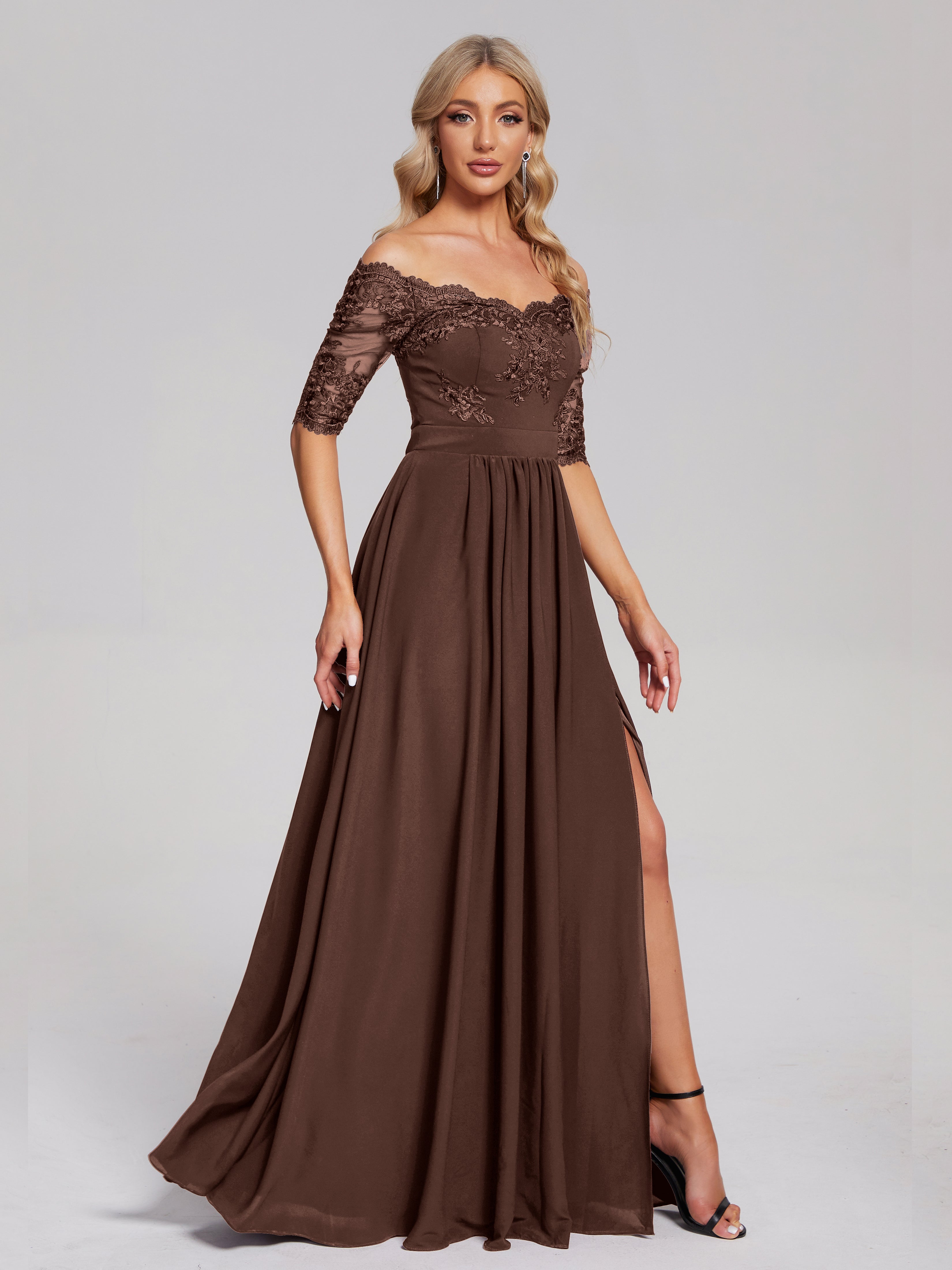 Keira Off the Shoulder Appliqued Lace Chiffon Bridesmaid Dress