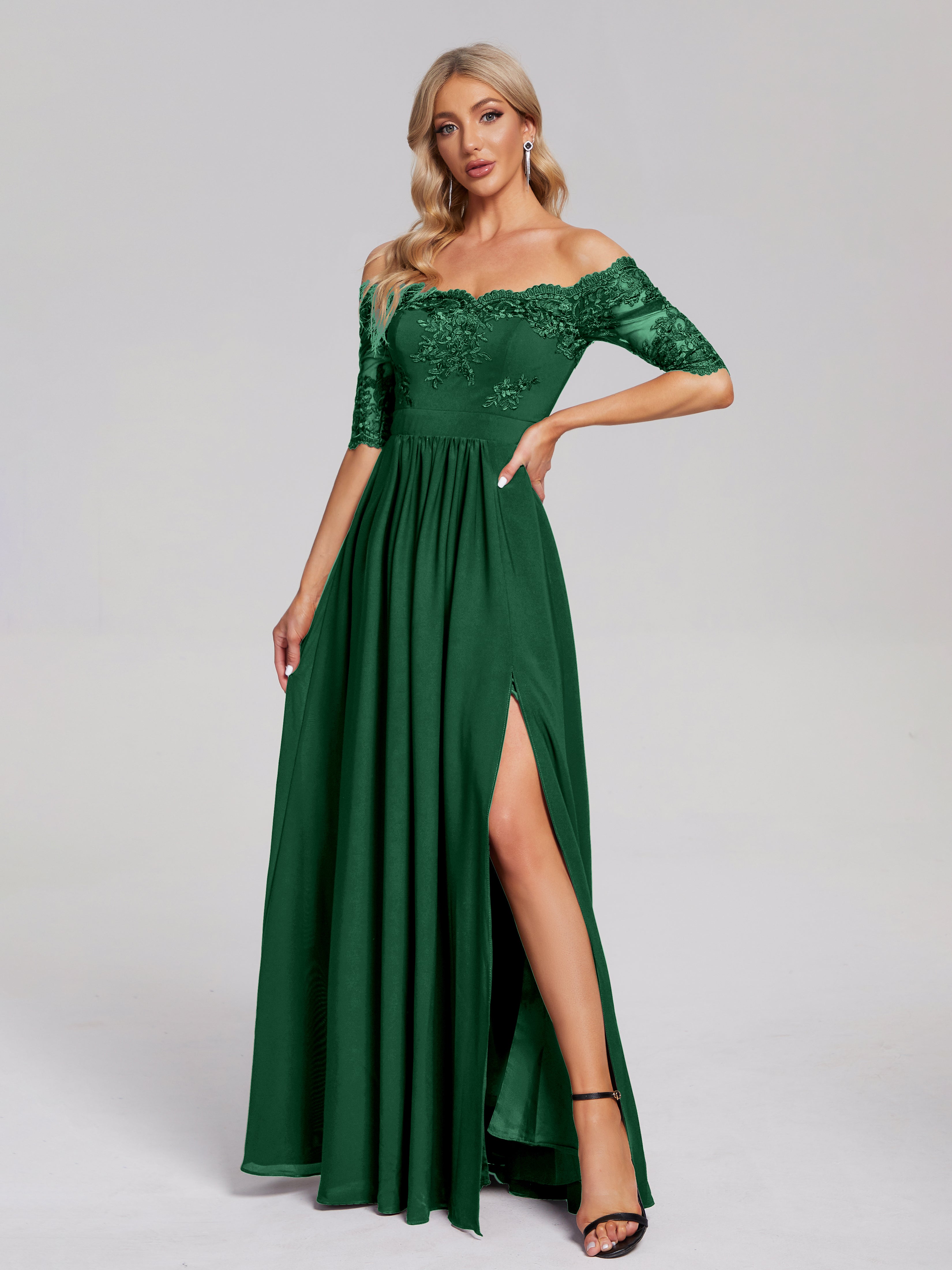 Keira Off the Shoulder Appliqued Lace Chiffon Bridesmaid Dress
